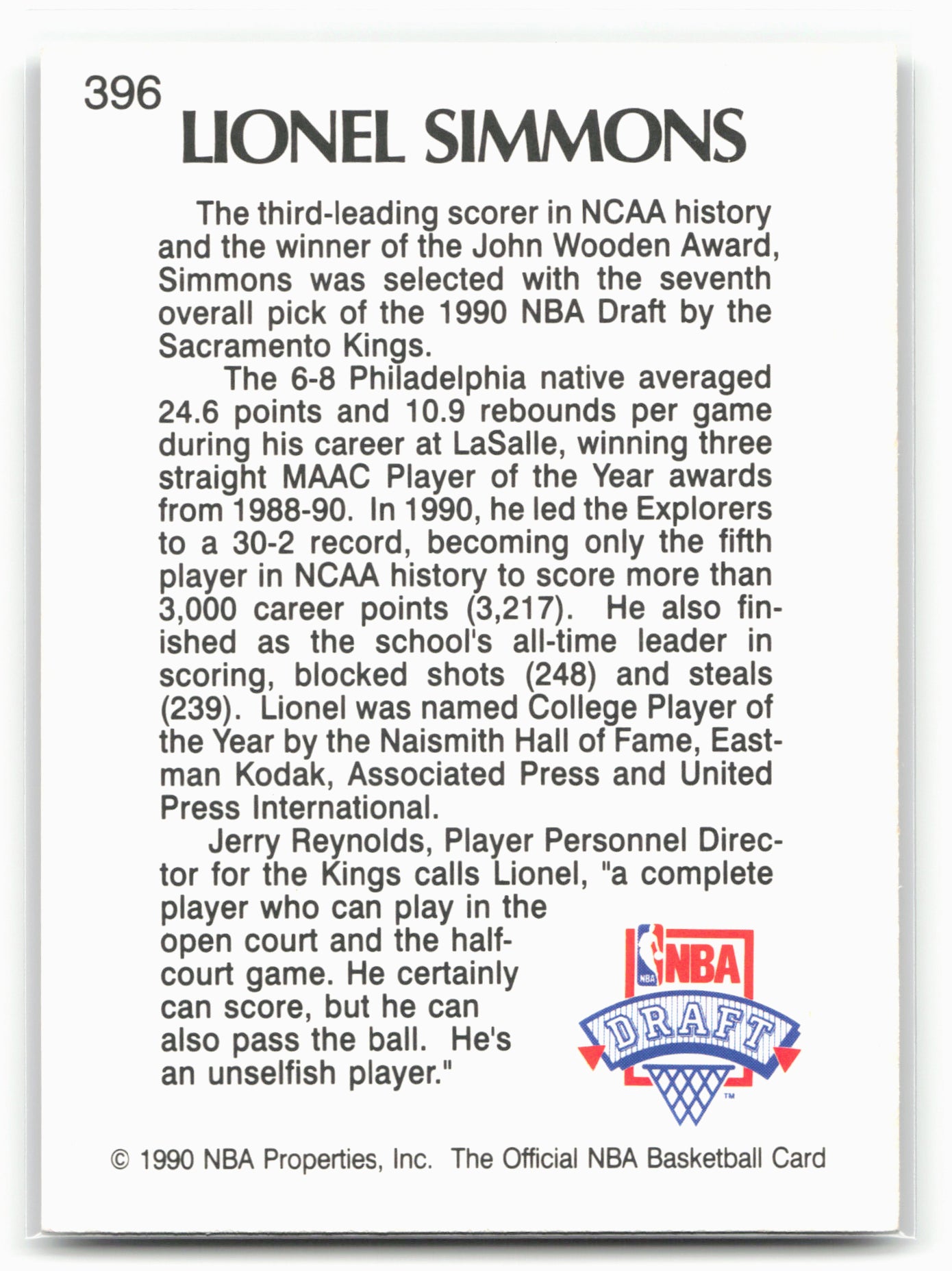 1990-91 Hoops #396 Lionel Simmons