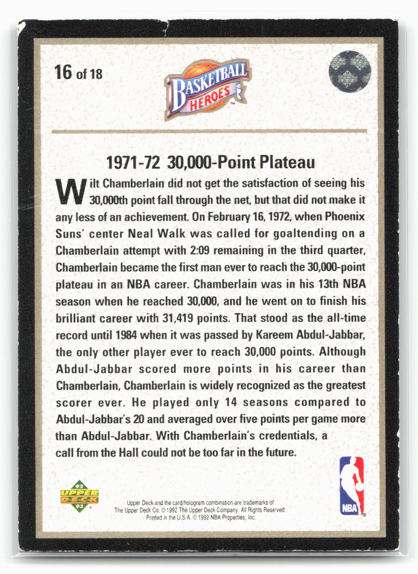 1992-93 Upper Deck #16 Wilt Chamberlain Basketball Heroes: Wilt Chamberlain