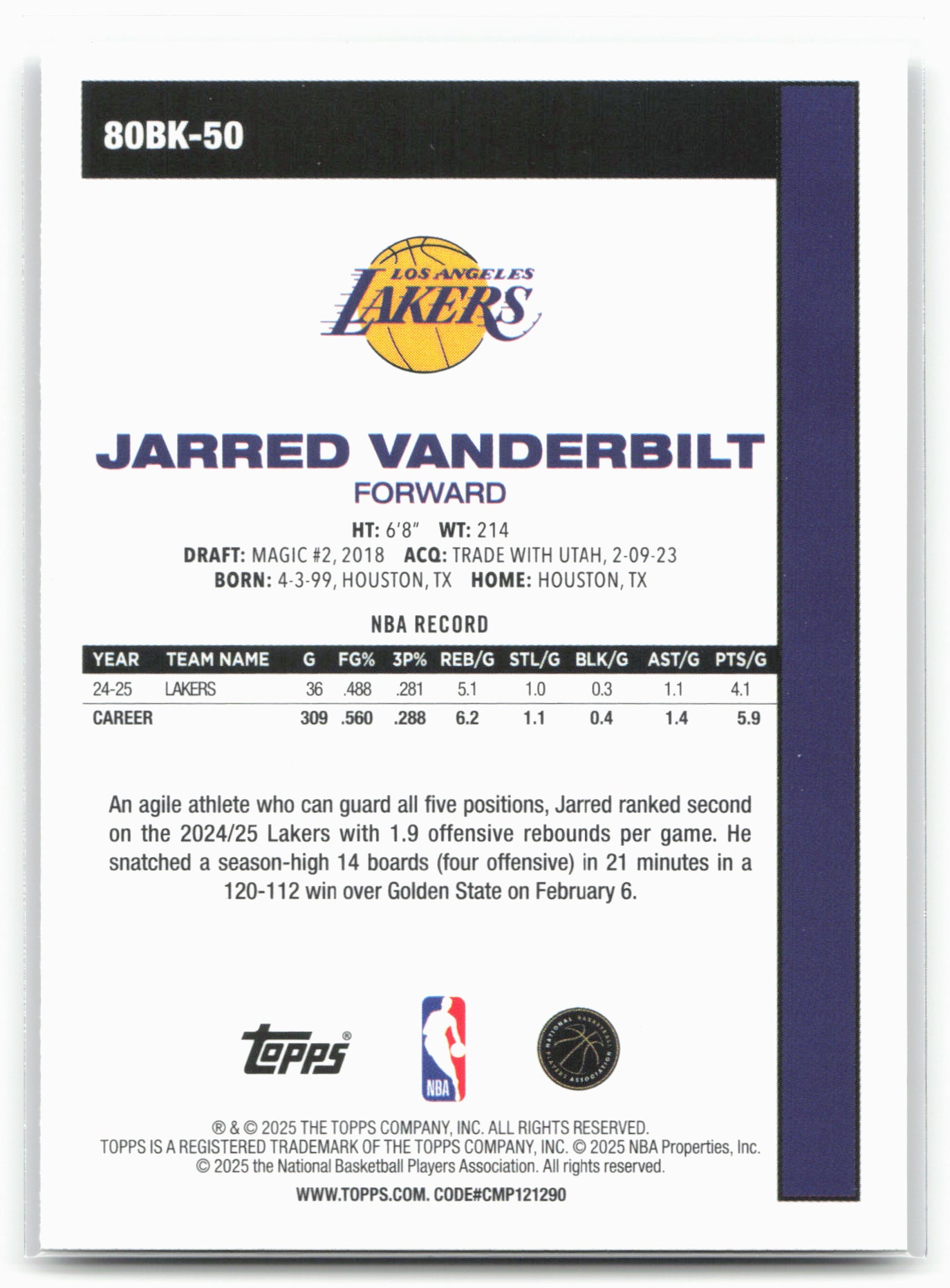 2025-26 Topps #80BK-50 Jarred Vanderbilt 1980-81 Topps Basketball 24256
