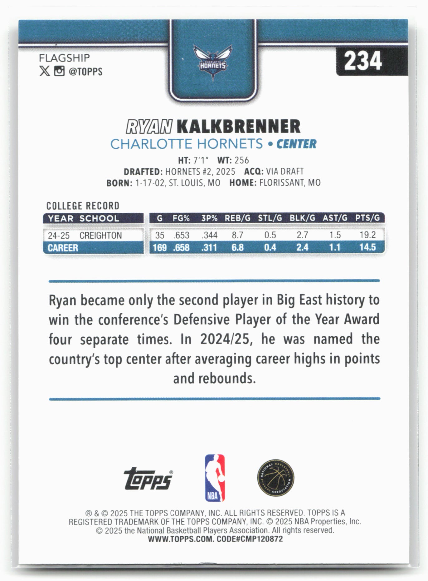 2025-26 Topps #234 Ryan Kalkbrenner Gold #/2025