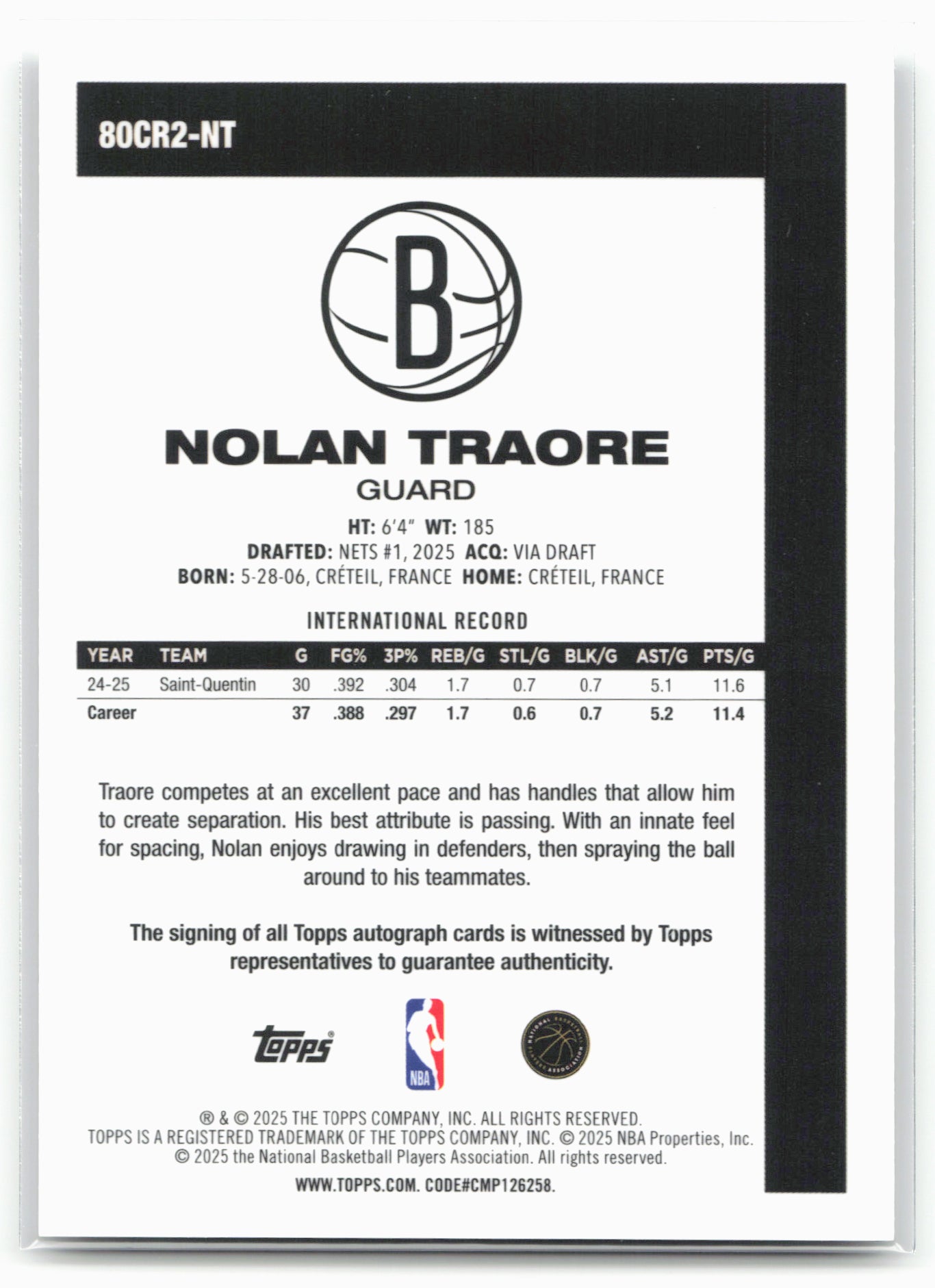 2025-26 Topps #80CR2-NT Nolan Traore 1980-81 Topps Chrome Basketball Autographs