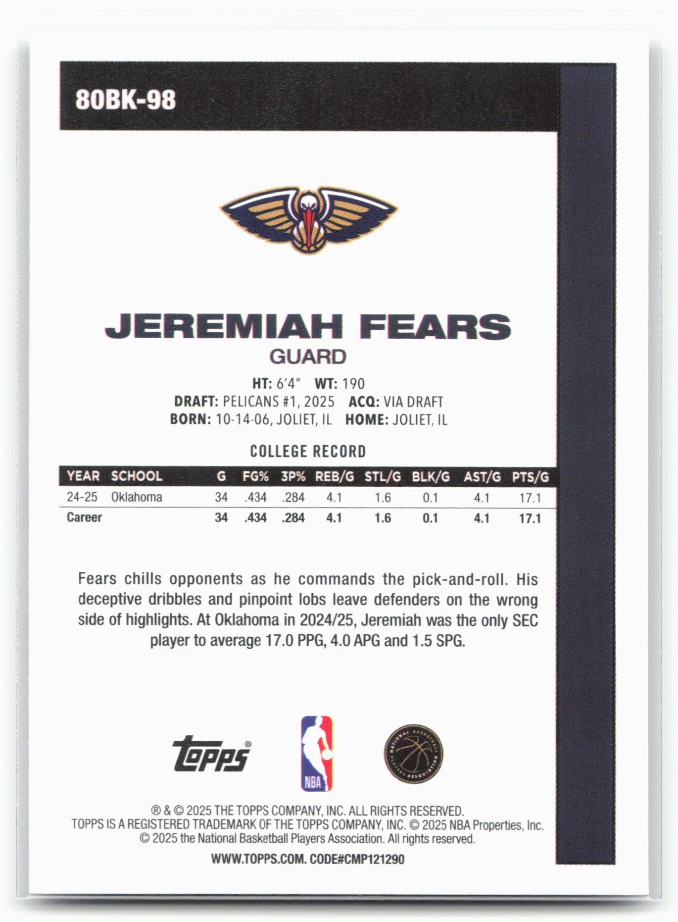 2025-26 Topps #80BK-98 Jeremiah Fears 1980-81 Topps Basketball 24276