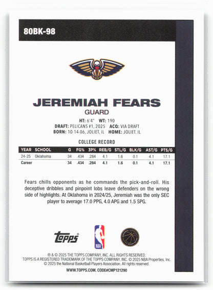 2025-26 Topps #80BK-98 Jeremiah Fears 1980-81 Topps Basketball 24276