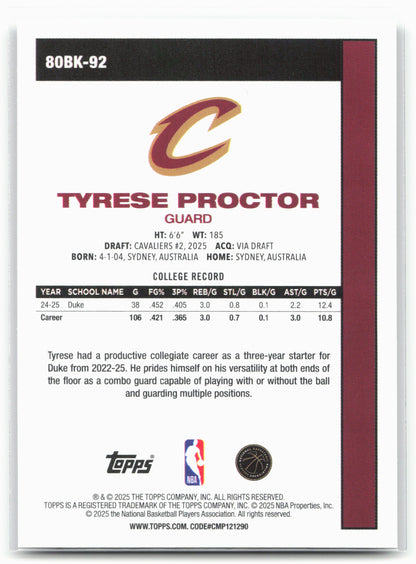 2025-26 Topps #80BK-92 Tyrese Proctor 1980-81 Topps Basketball 24287