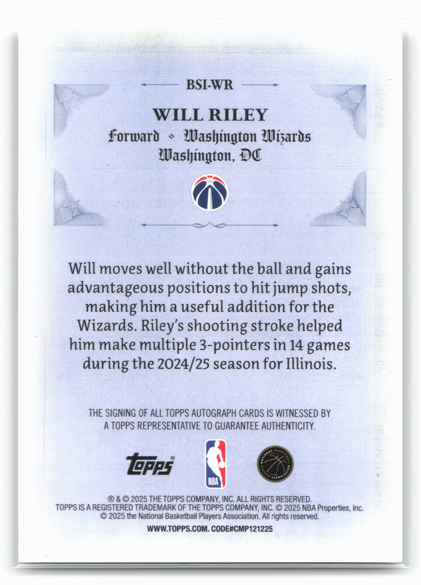 2025-26 Topps #BSI-WR Will Riley Signed and Sealed Gold Holo Foil #/50