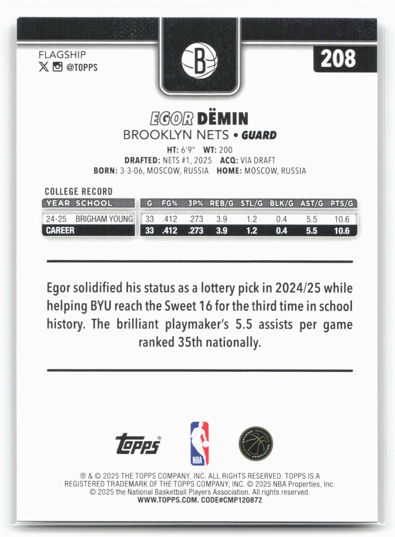2025-26 Topps #208 Egor Dëmin Rainbow Foilboard 24292