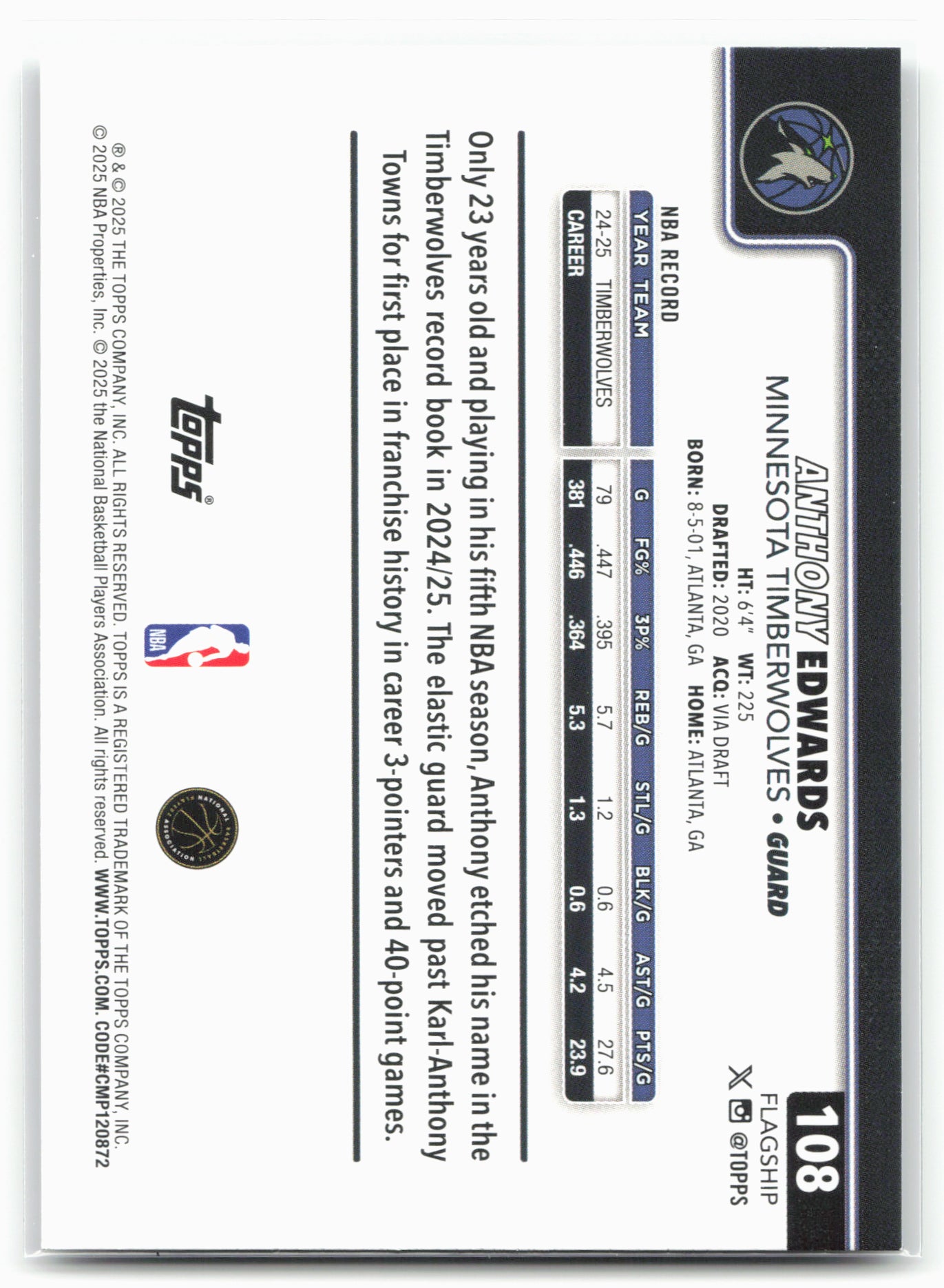 2025-26 Topps #108 Anthony Edwards Crackleboard 24294
