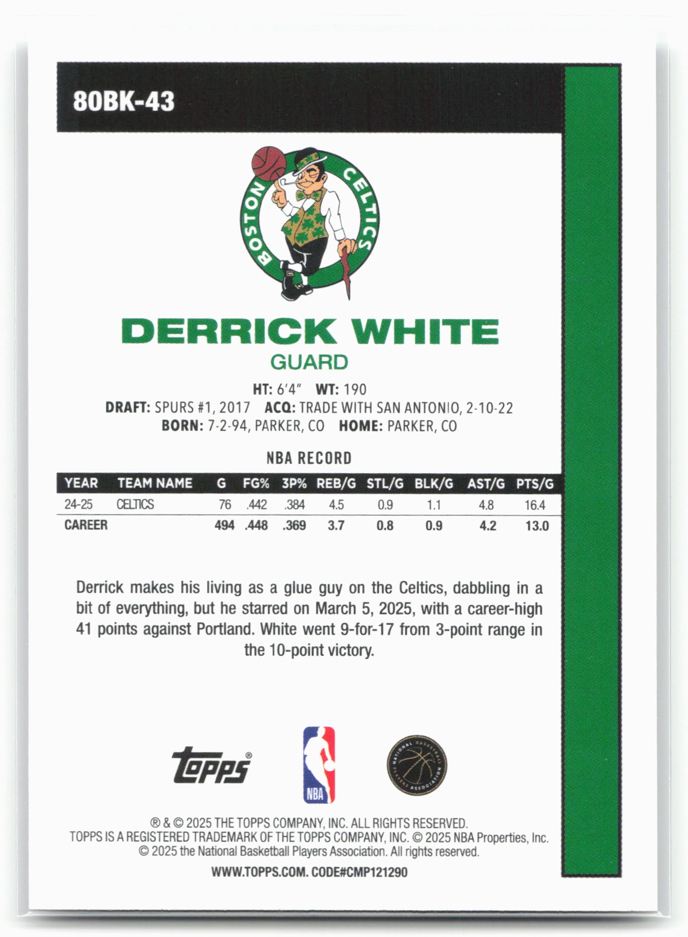 2025-26 Topps #80BK-43 Derrick White 1980-81 Topps Basketball 24308