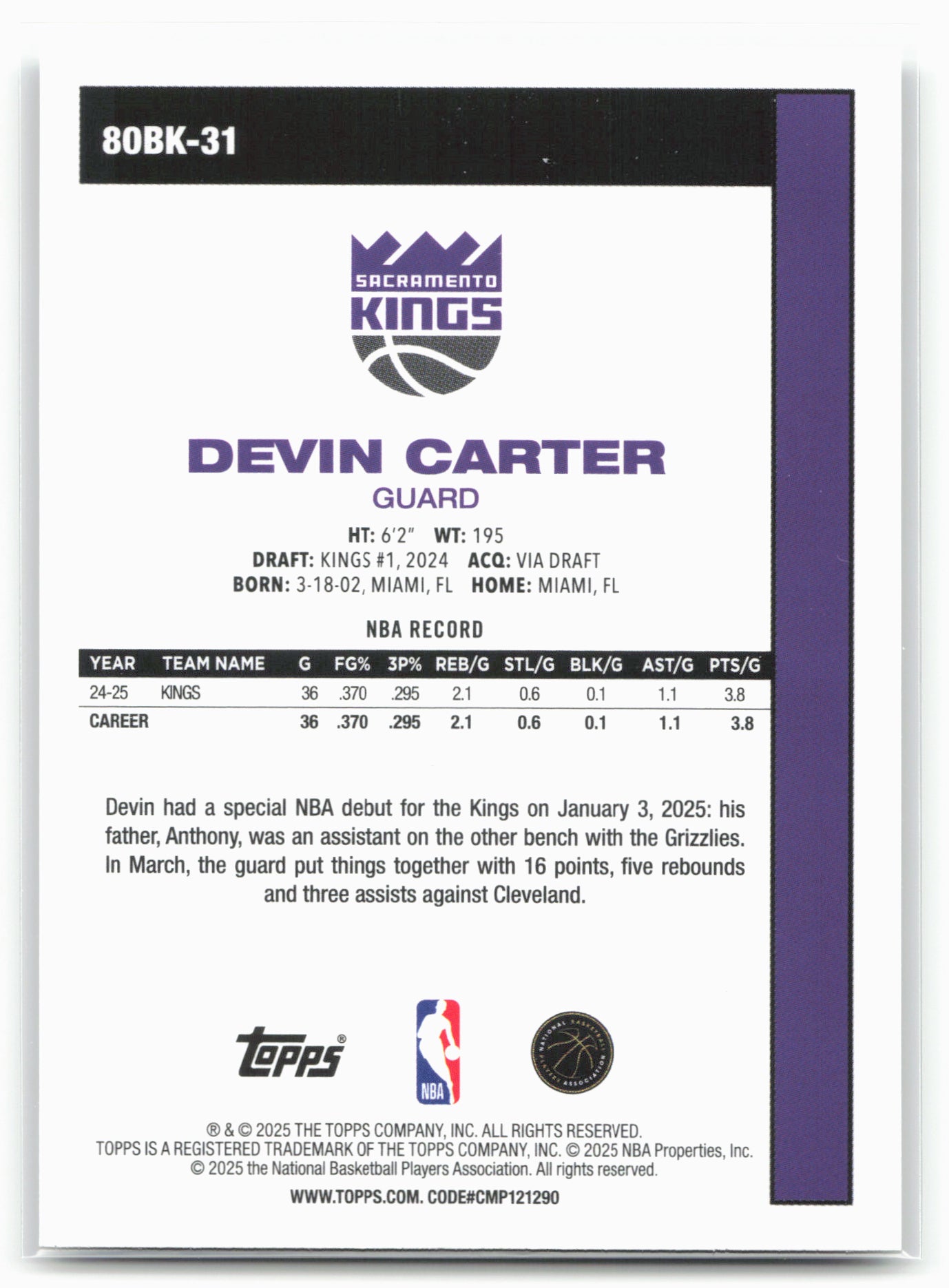 2025-26 Topps #80BK-31 Devin Carter 1980-81 Topps Basketball 24309