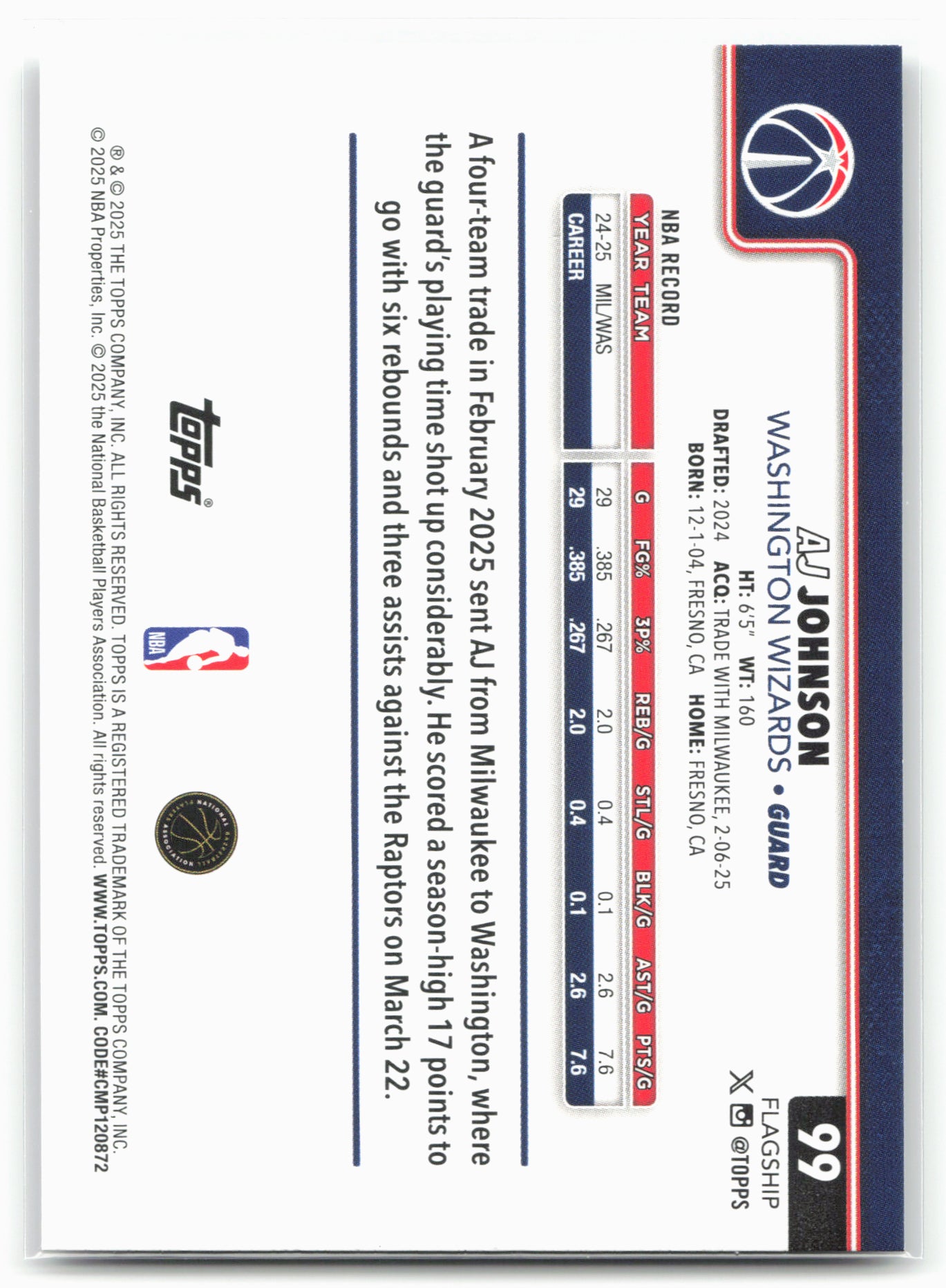 2025-26 Topps #99 AJ Johnson Crackleboard 24316