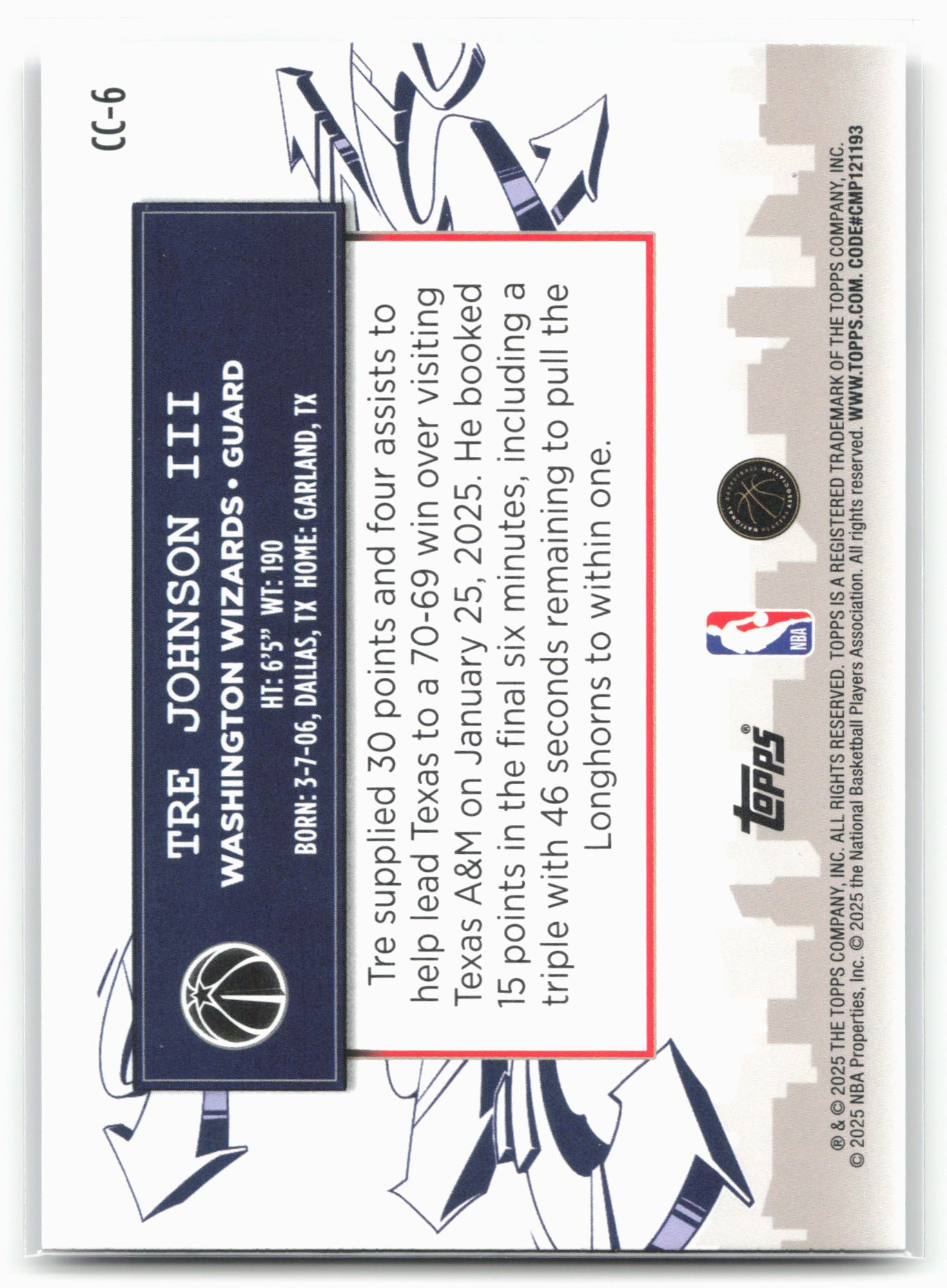 2025-26 Topps #CC-6 Tre Johnson III Clutch City Prospects Holo Foil 24319