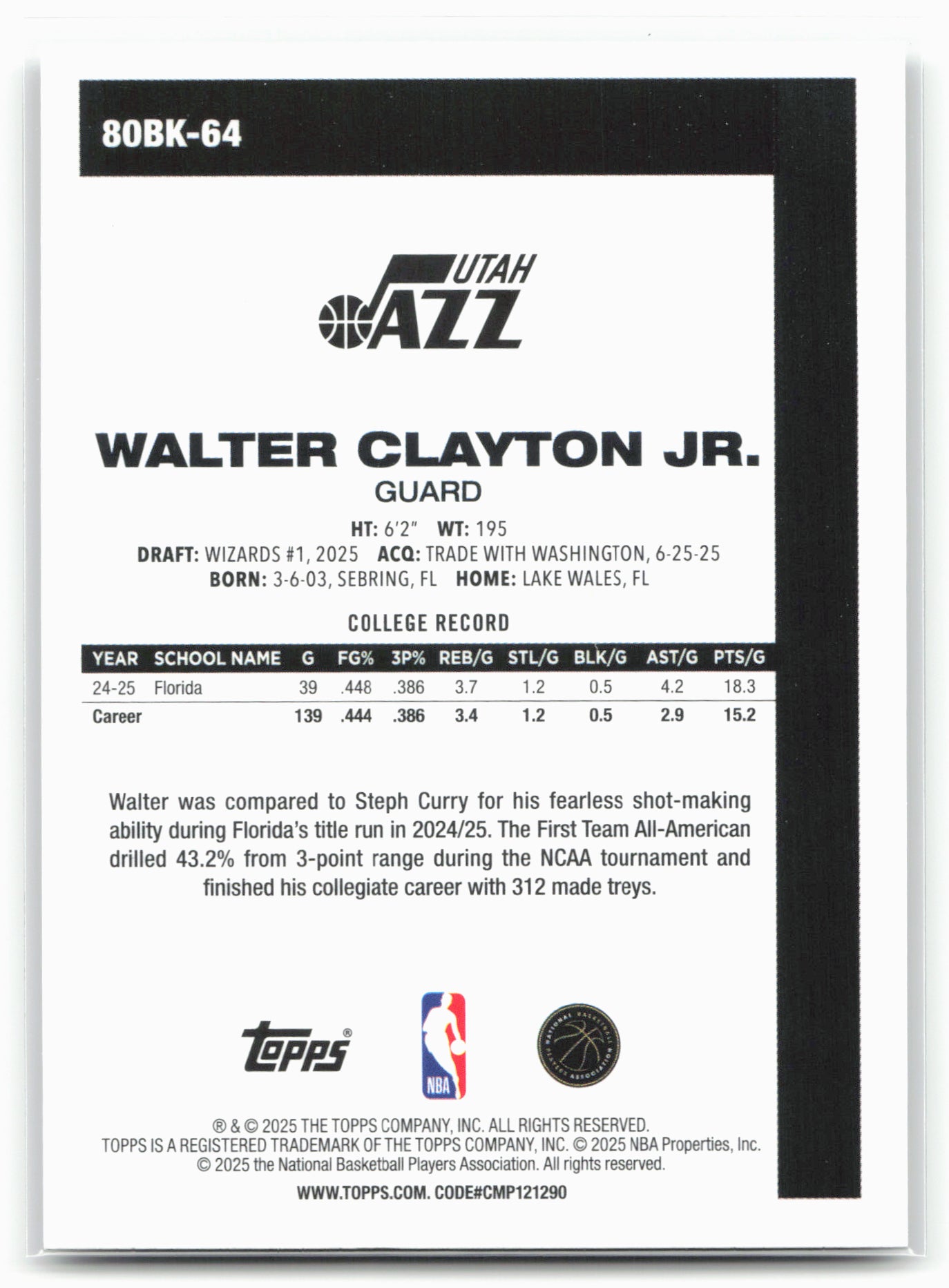2025-26 Topps #80BK-64 Walter Clayton Jr. 1980-81 Topps Basketball 24325