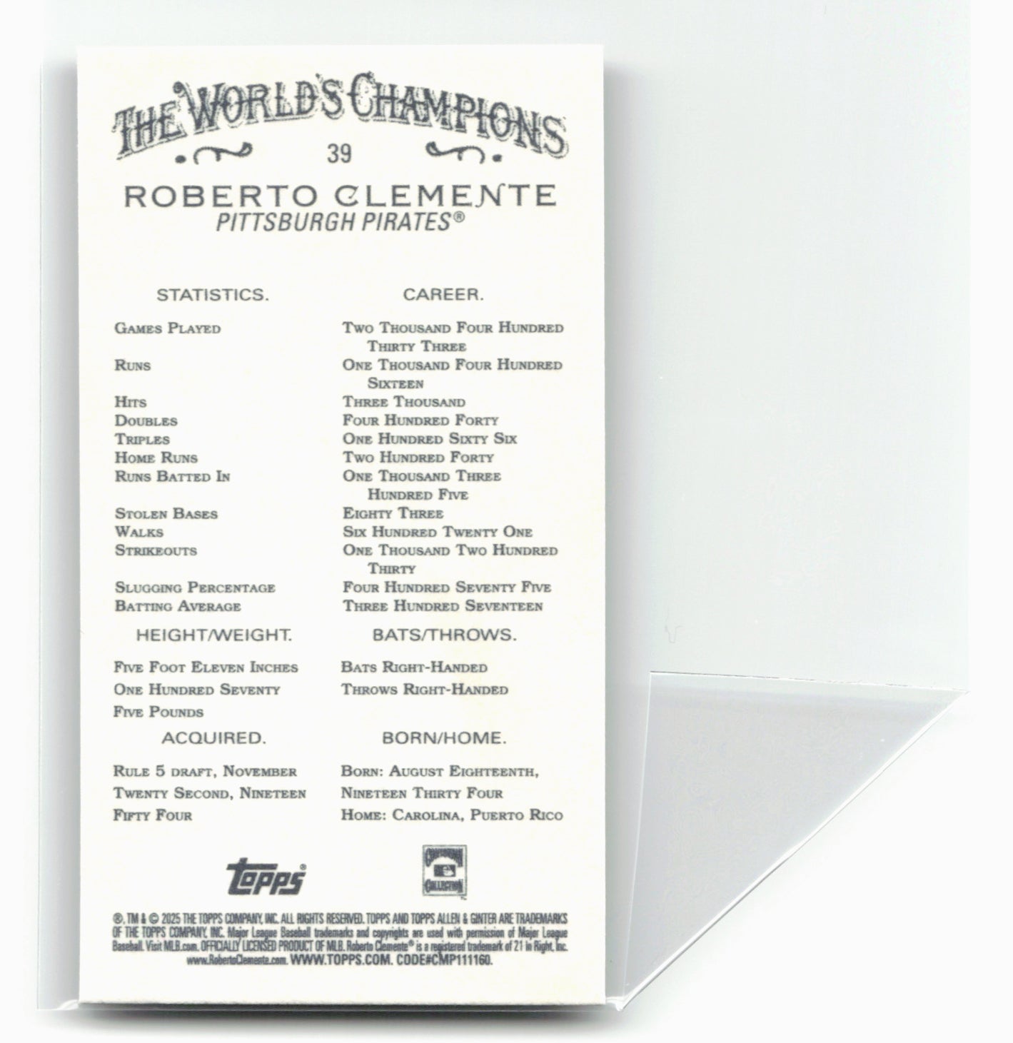 2025 Topps Allen & Ginter #39 Roberto Clemente Mini Black Border