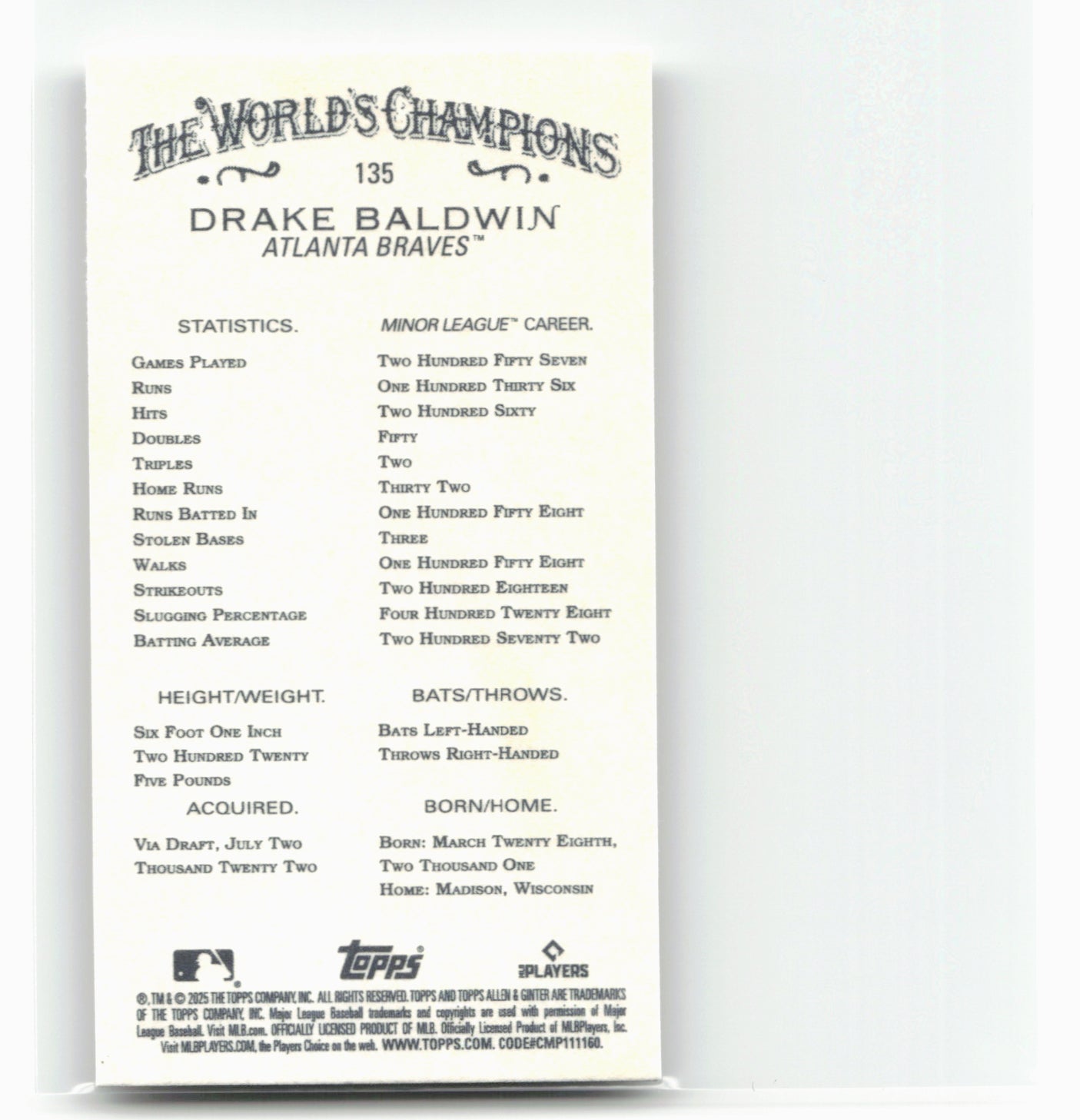 2025 Topps Allen & Ginter #135 Drake Baldwin