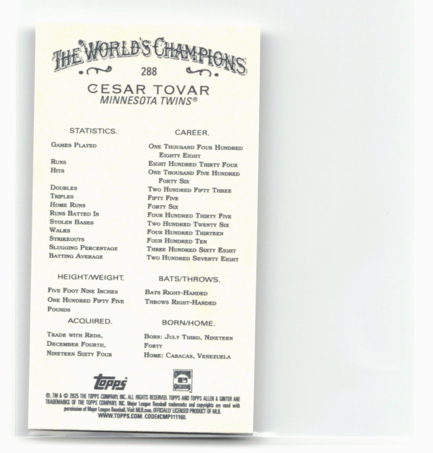 2025 Topps Allen & Ginter #288 Cesar Tovar