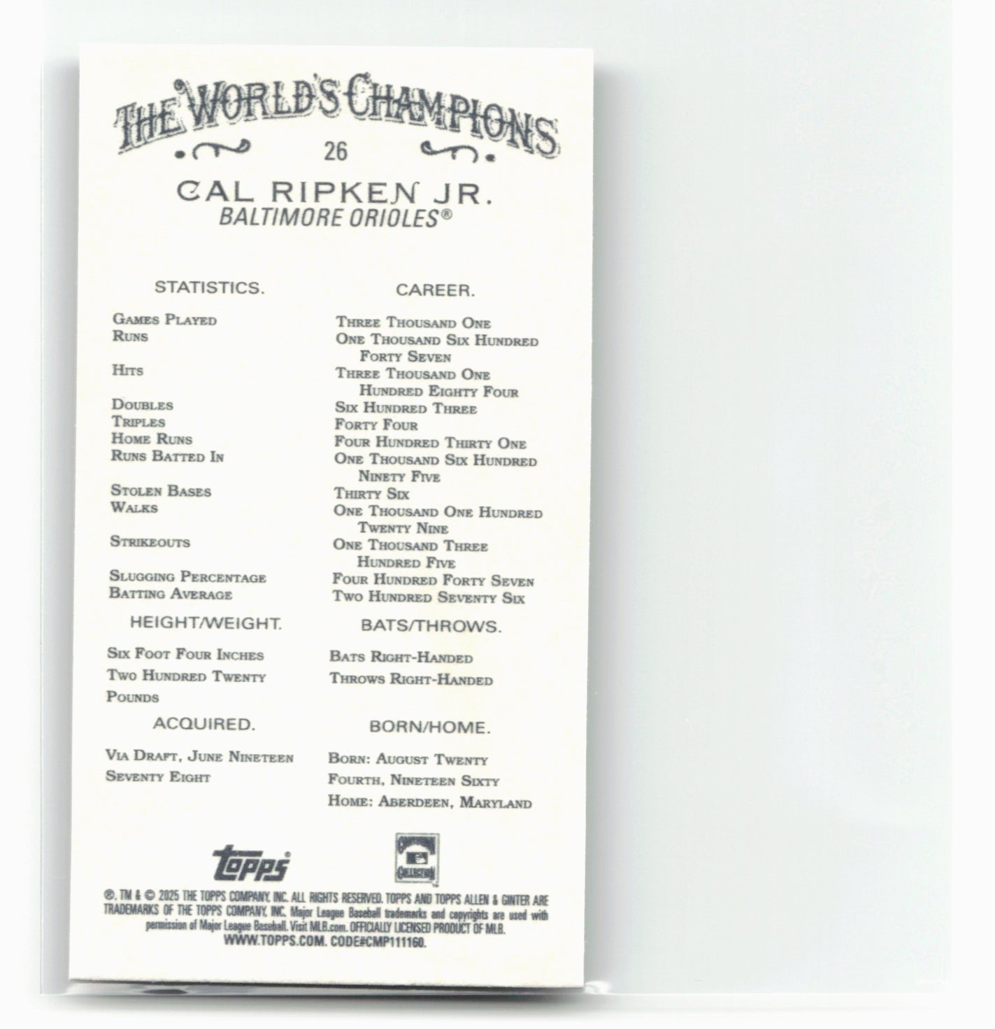 2025 Topps Allen & Ginter #26 Cal Ripken Jr. Mini Black Border