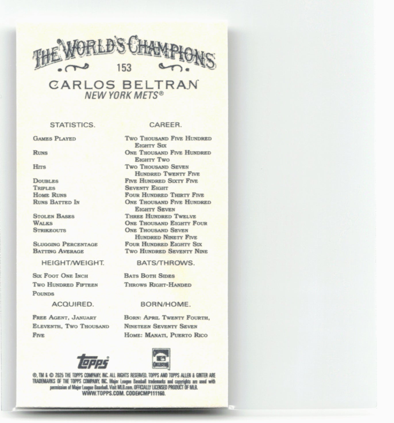 2025 Topps Allen & Ginter #153 Carlos Beltrán