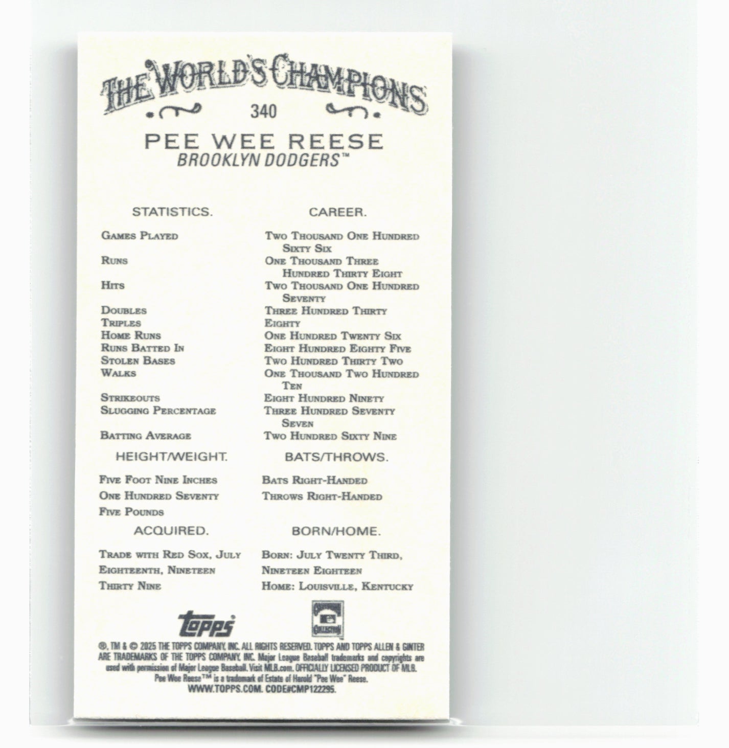 2025 Topps Allen & Ginter #340 Pee Wee Reese Mini Black Border