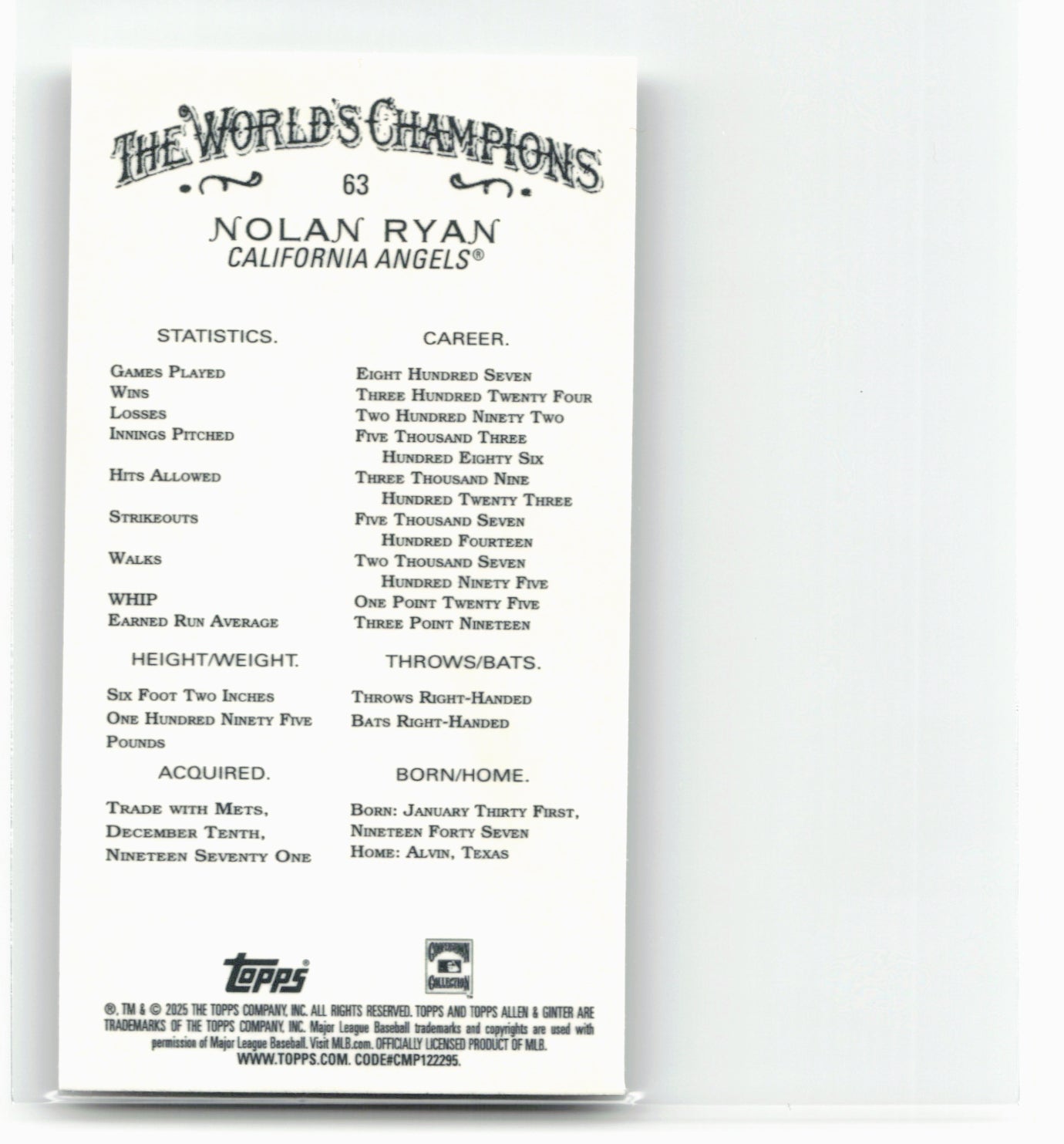 2025 Topps Allen & Ginter #63 Nolan Ryan Chrome Mini