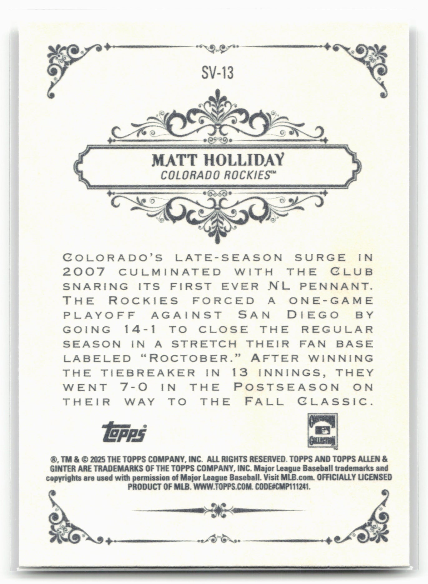 2025 Topps Allen & Ginter #SV-13 Matt Holliday Sweet Victory