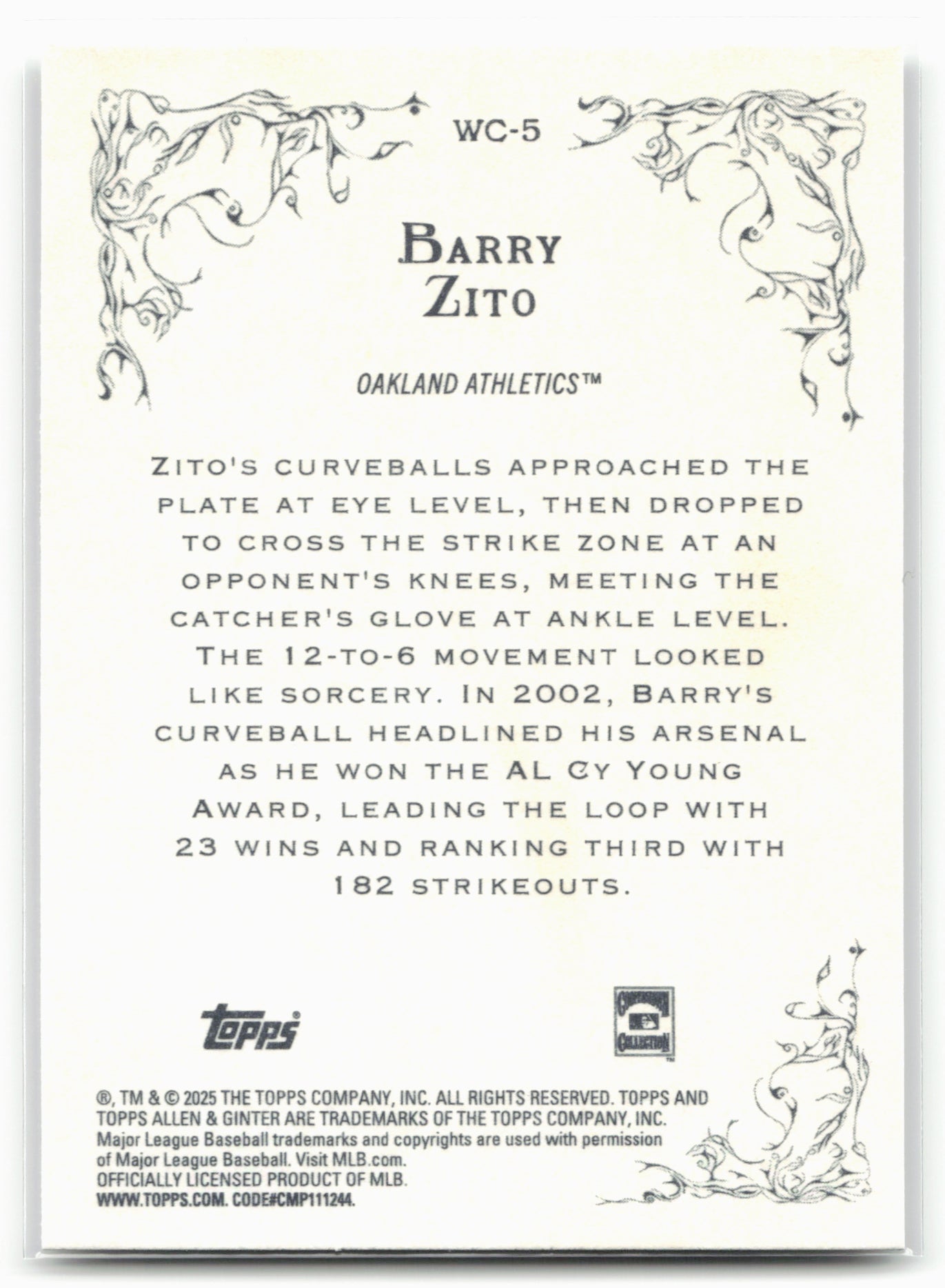 2025 Topps Allen & Ginter #WC-5 Barry Zito Wicked Curves