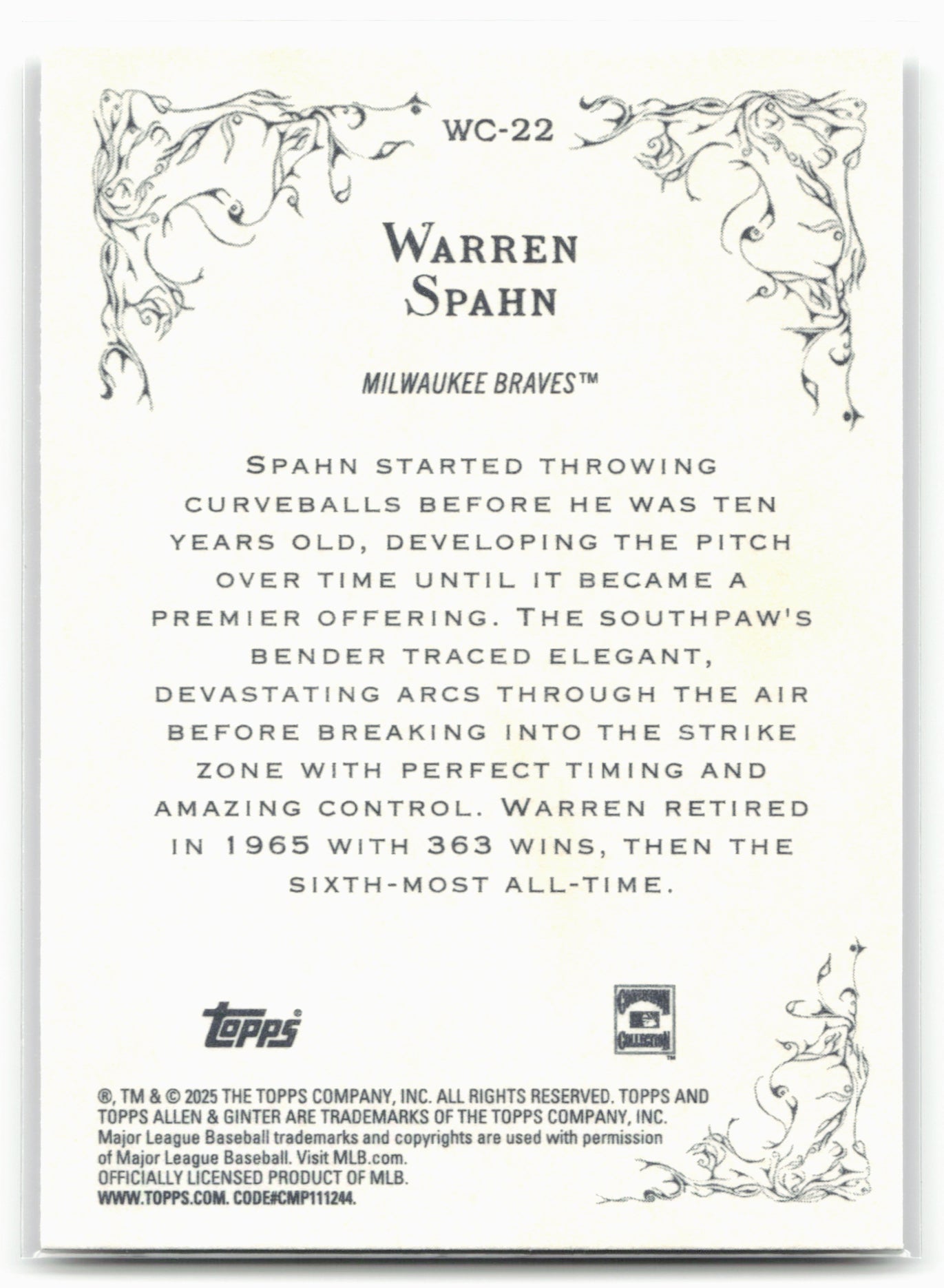 2025 Topps Allen & Ginter #WC-22 Warren Spahn Wicked Curves