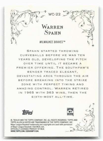 2025 Topps Allen & Ginter #WC-22 Warren Spahn Wicked Curves
