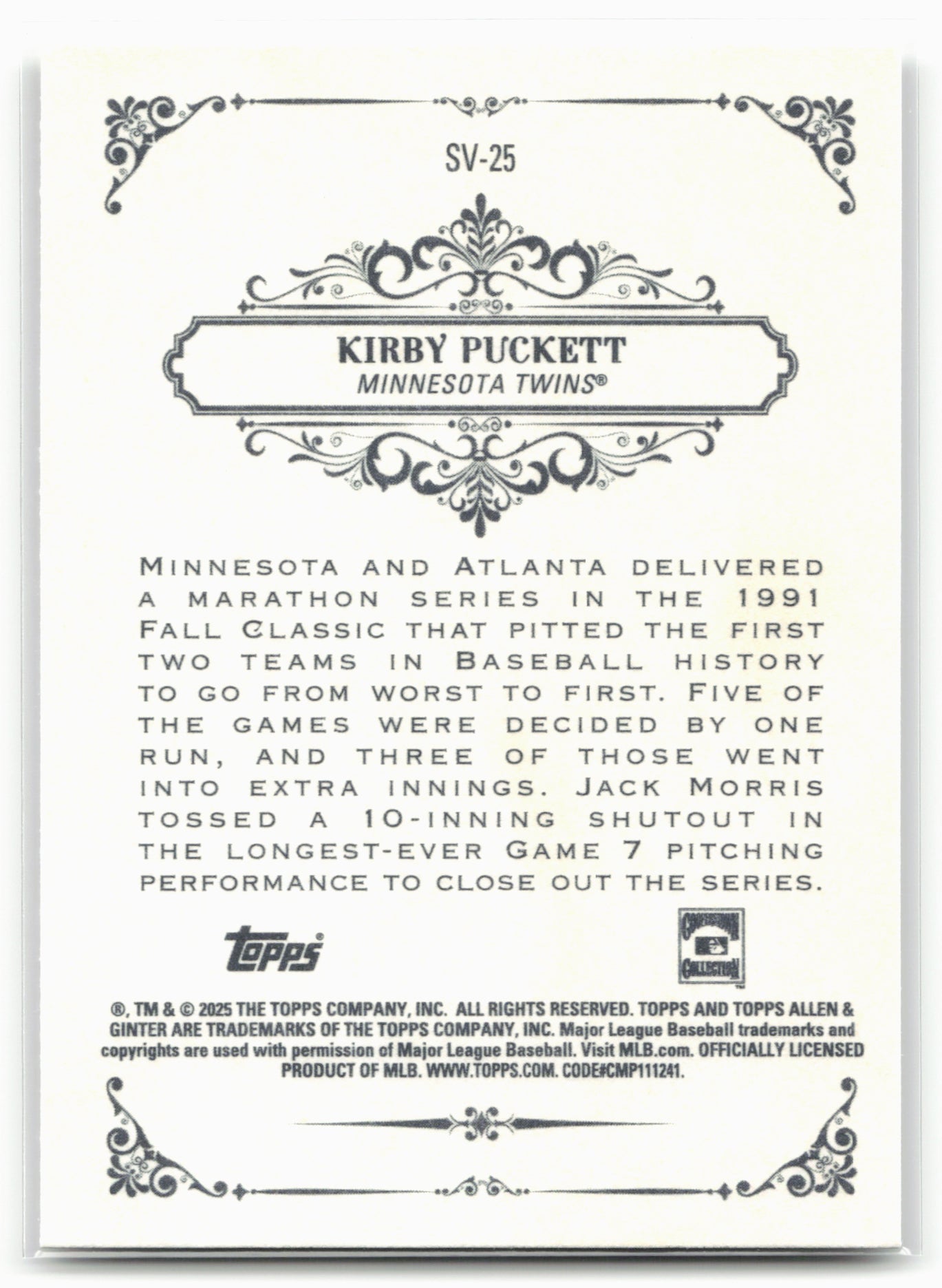 2025 Topps Allen & Ginter #SV-25 Kirby Puckett Sweet Victory