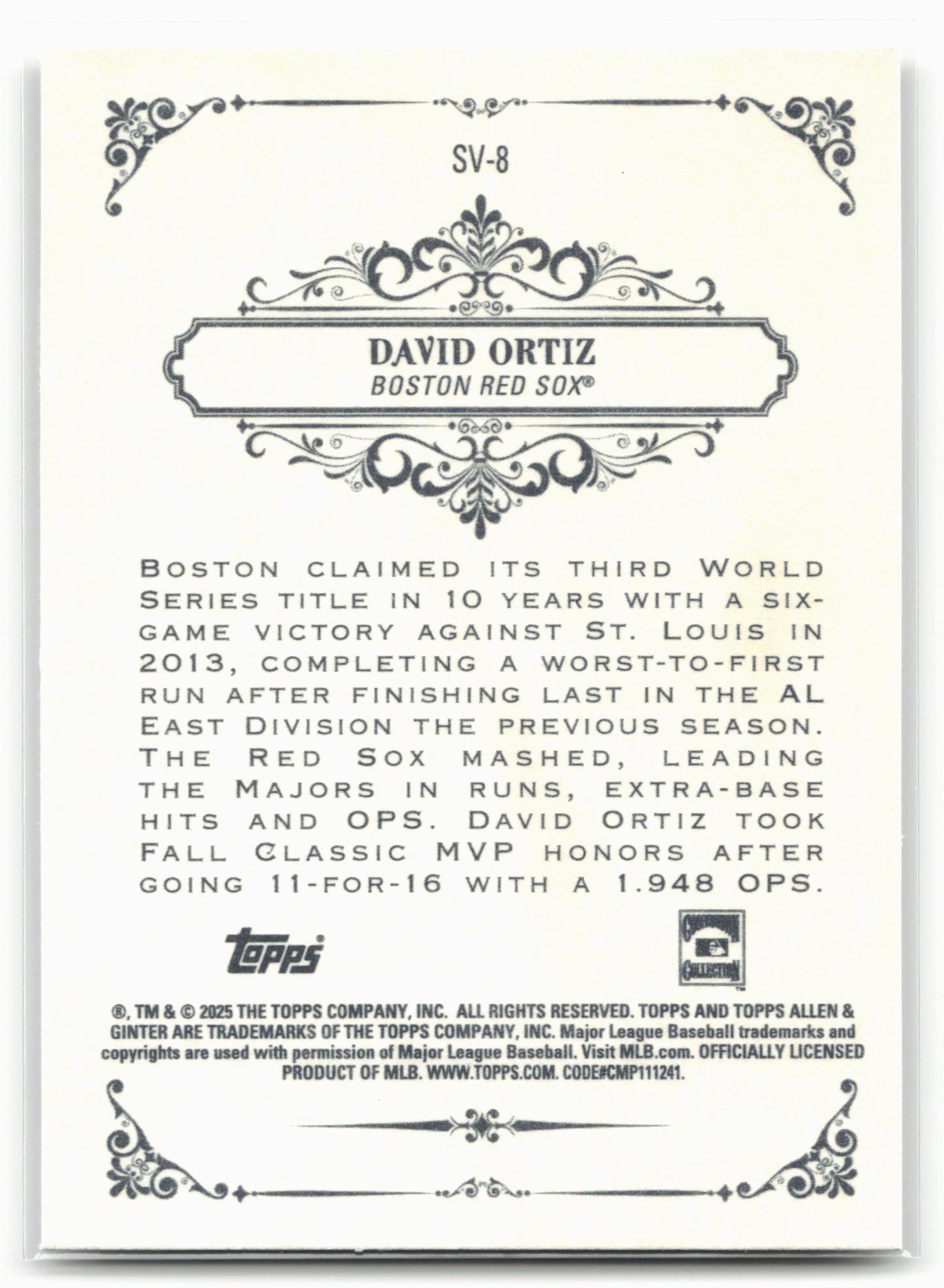 2025 Topps Allen & Ginter #SV-8 David Ortiz Sweet Victory