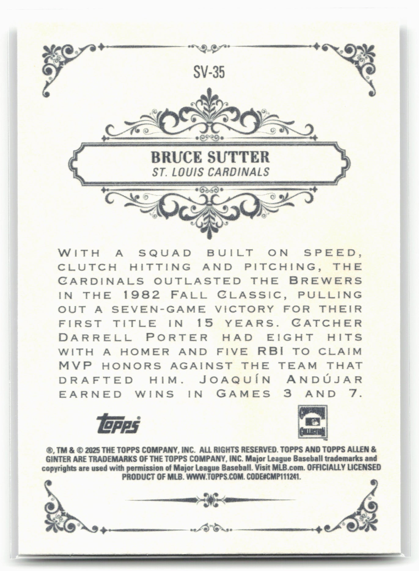 2025 Topps Allen & Ginter #SV-35 Bruce Sutter Sweet Victory