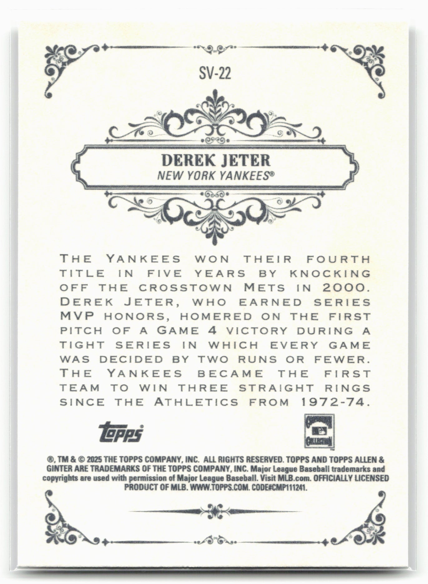 2025 Topps Allen & Ginter #SV-22 Derek Jeter Sweet Victory