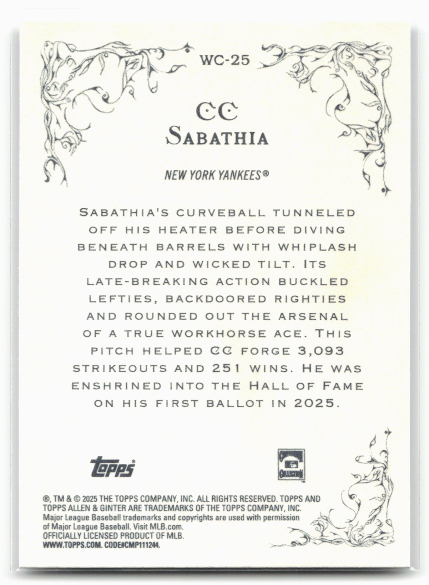 2025 Topps Allen & Ginter #WC-25 CC Sabathia Wicked Curves