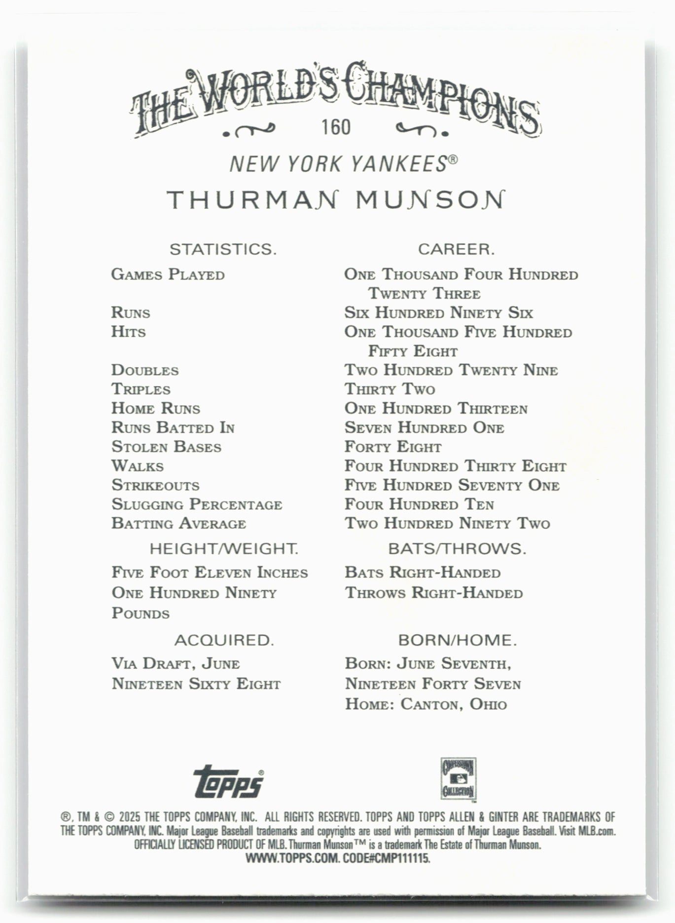 2025 Topps Allen & Ginter #160 Thurman Munson Silver Portrait