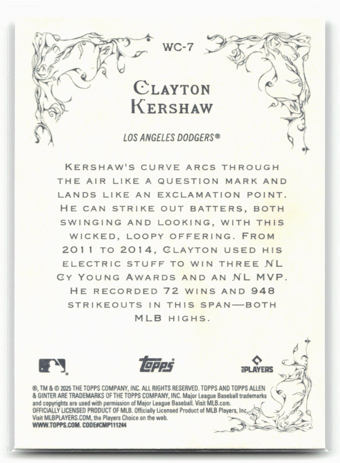 2025 Topps Allen & Ginter #WC-7 Clayton Kershaw Wicked Curves