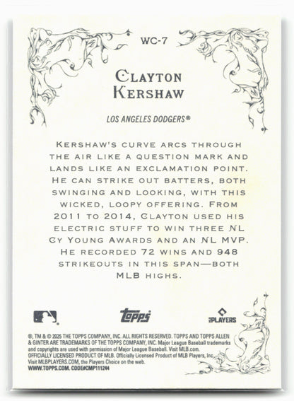 2025 Topps Allen & Ginter #WC-7 Clayton Kershaw Wicked Curves
