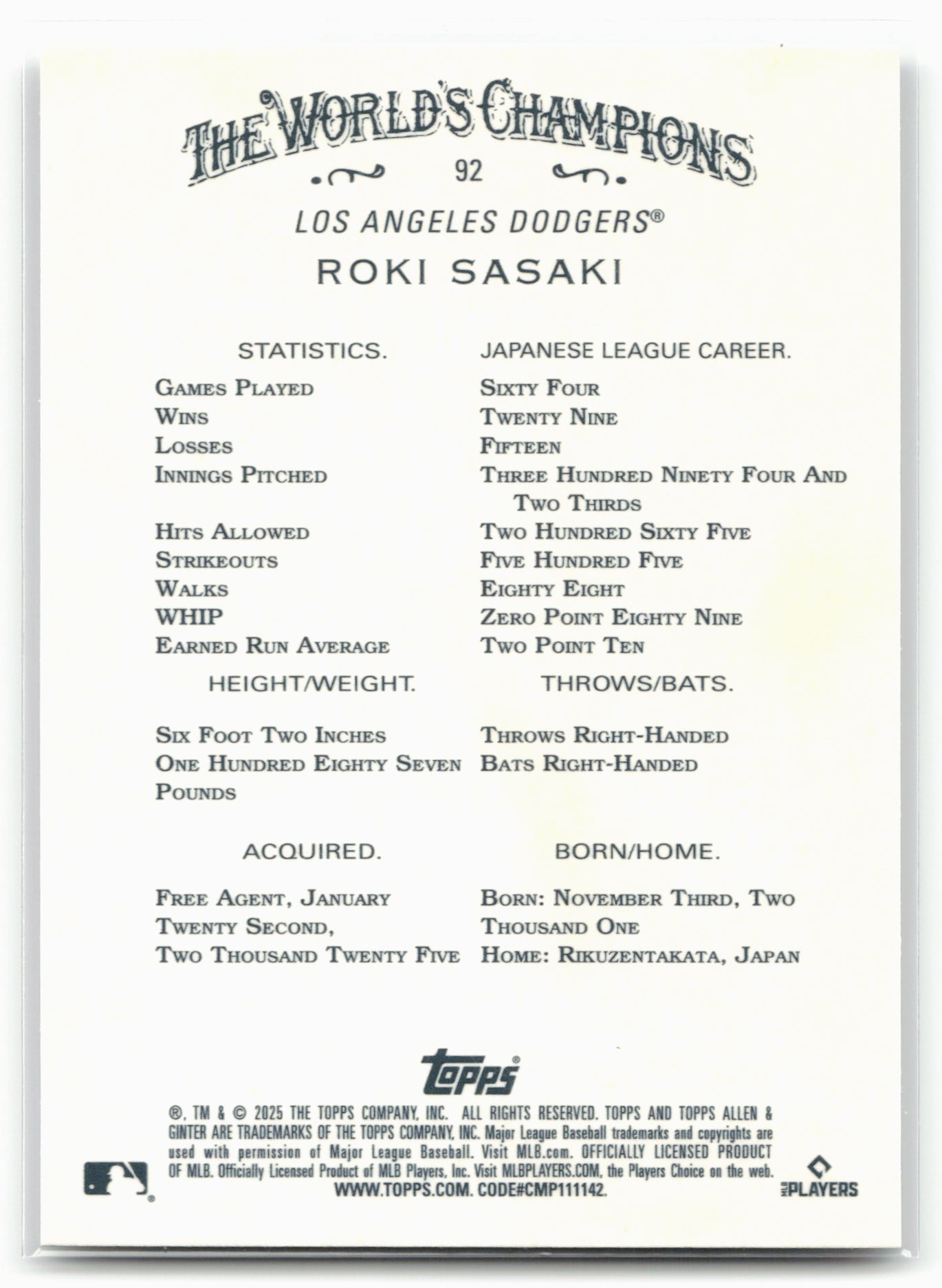 2025 Topps Allen & Ginter #92 Roki Sasaki Chrome