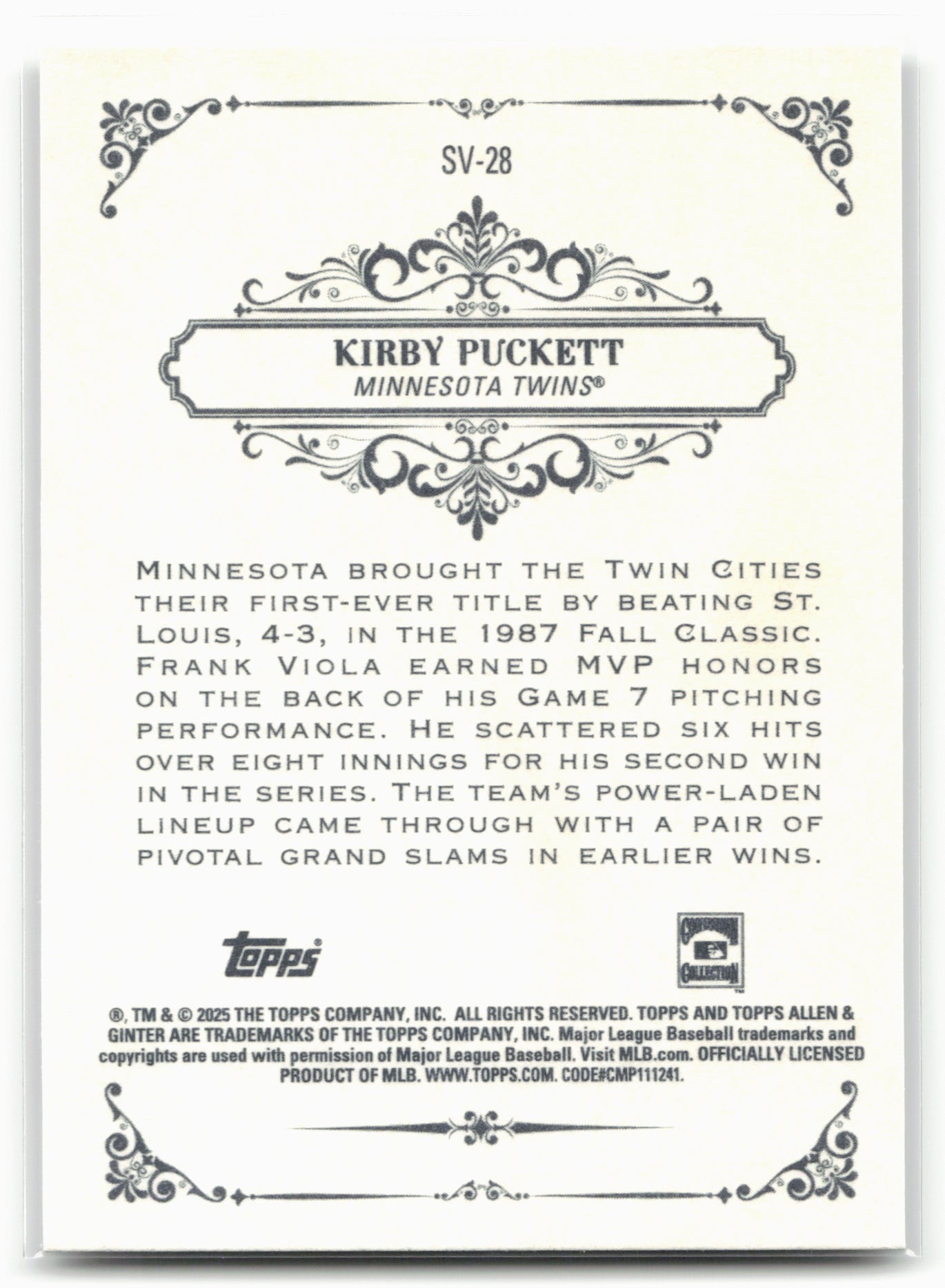 2025 Topps Allen & Ginter #SV-28 Kirby Puckett Sweet Victory