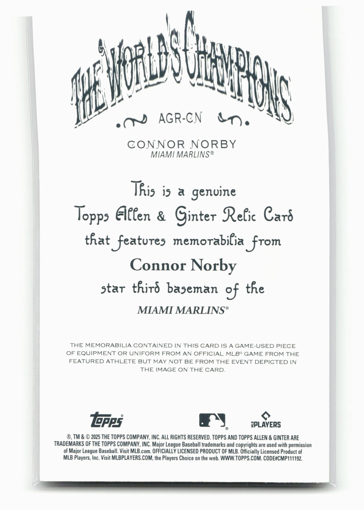 2025 Topps Allen & Ginter #AGR-CN Connor Norby Relics