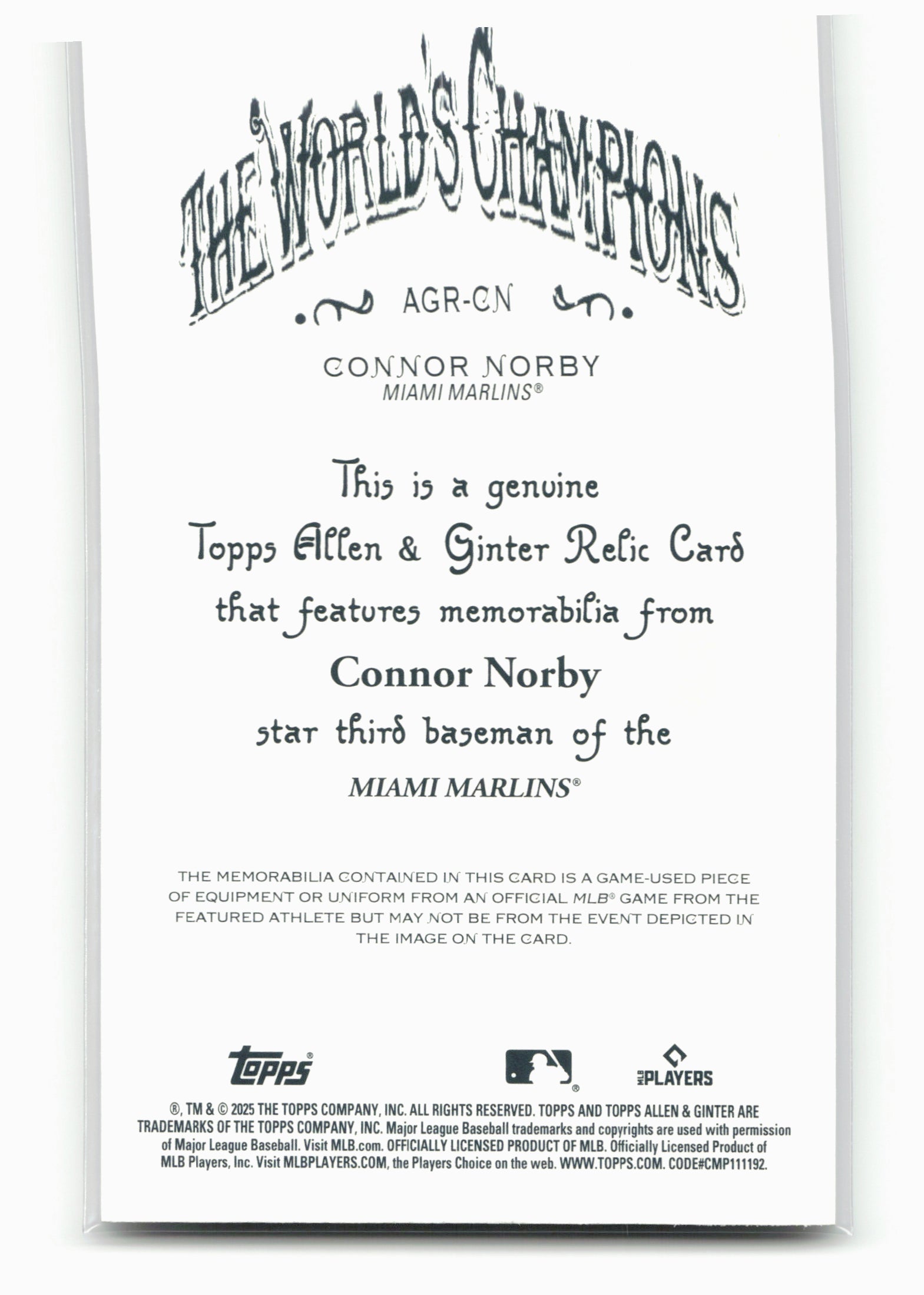 2025 Topps Allen & Ginter #AGR-CN Connor Norby Relics