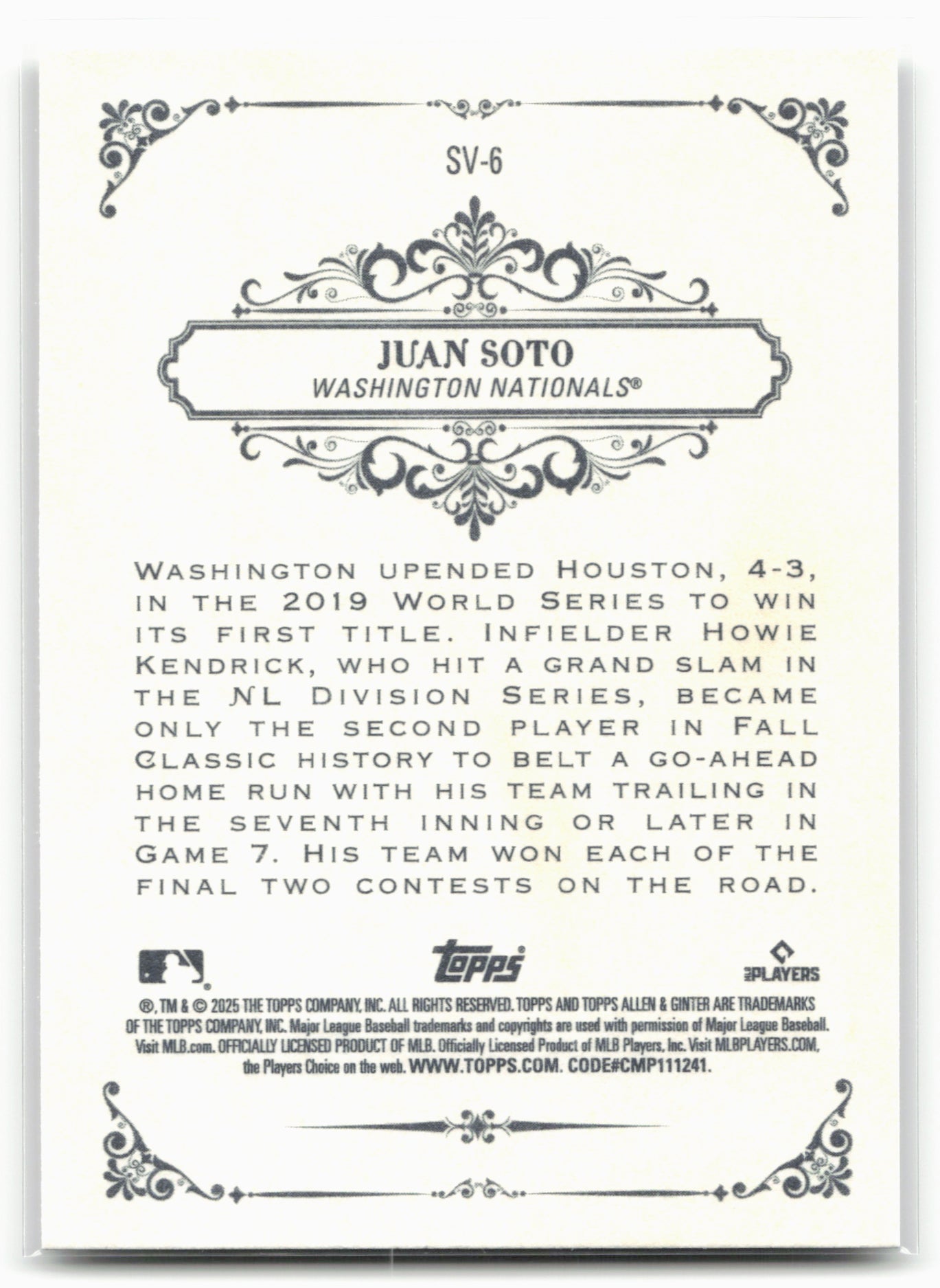 2025 Topps Allen & Ginter #SV-6 Juan Soto Sweet Victory