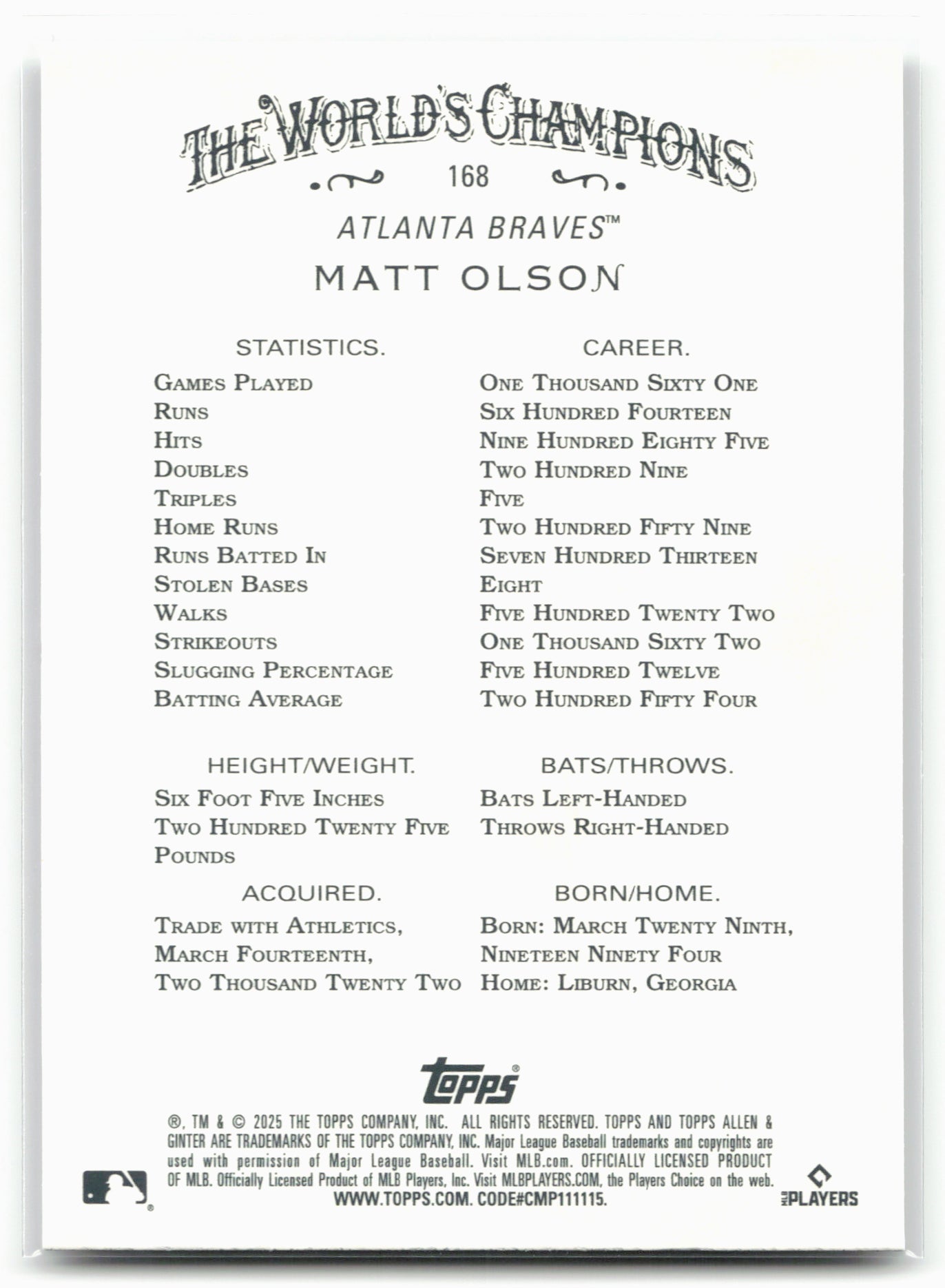 2025 Topps Allen & Ginter #168 Matt Olson Silver Portrait