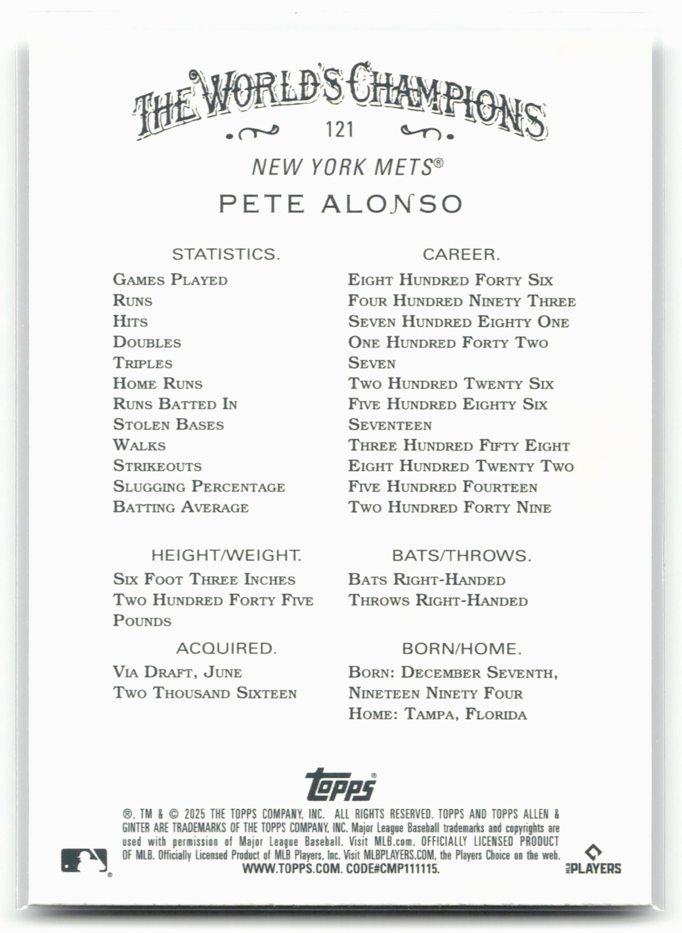 2025 Topps Allen & Ginter #121 Pete Alonso Silver Portrait
