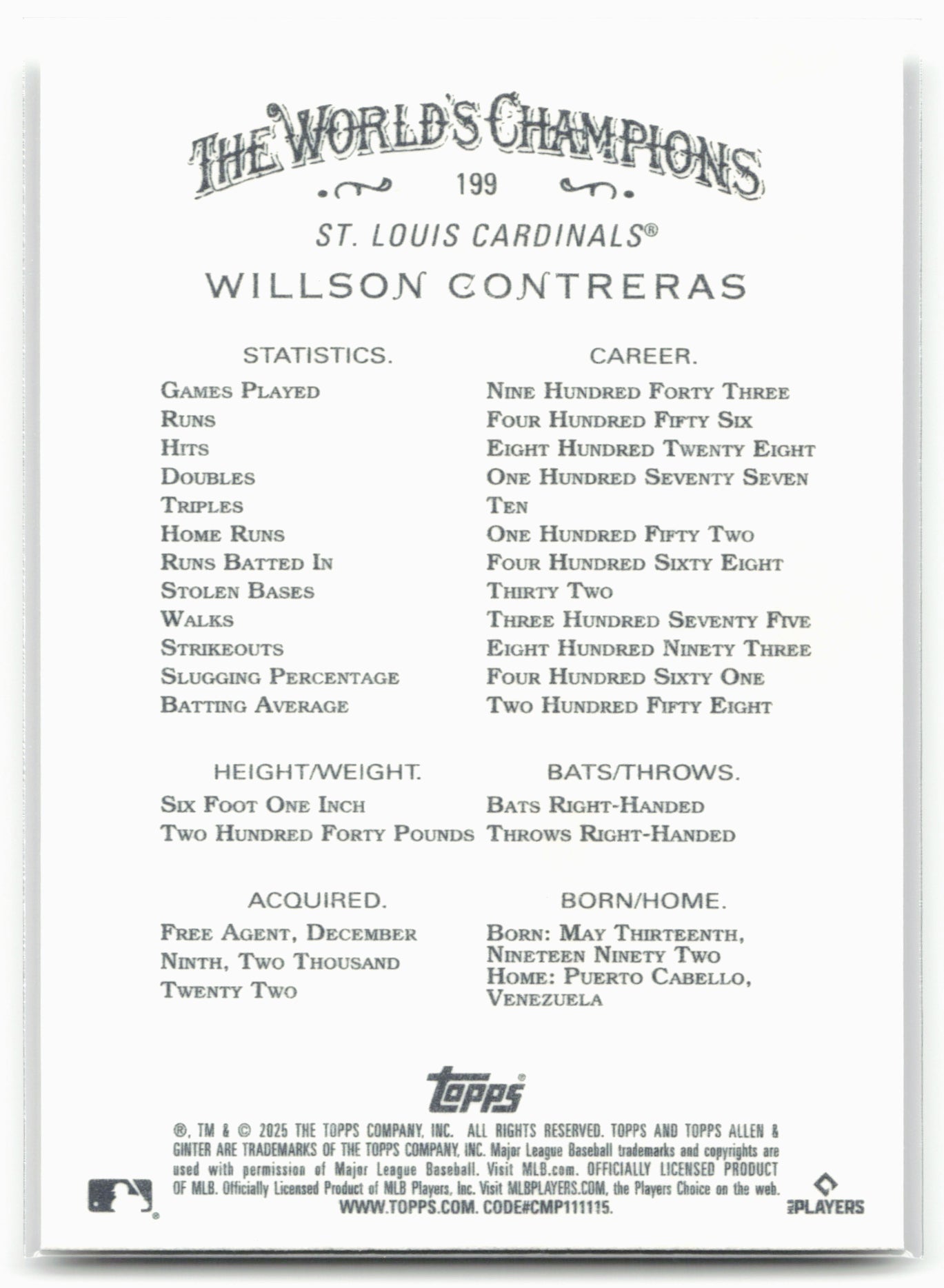 2025 Topps Allen & Ginter #199 Willson Contreras