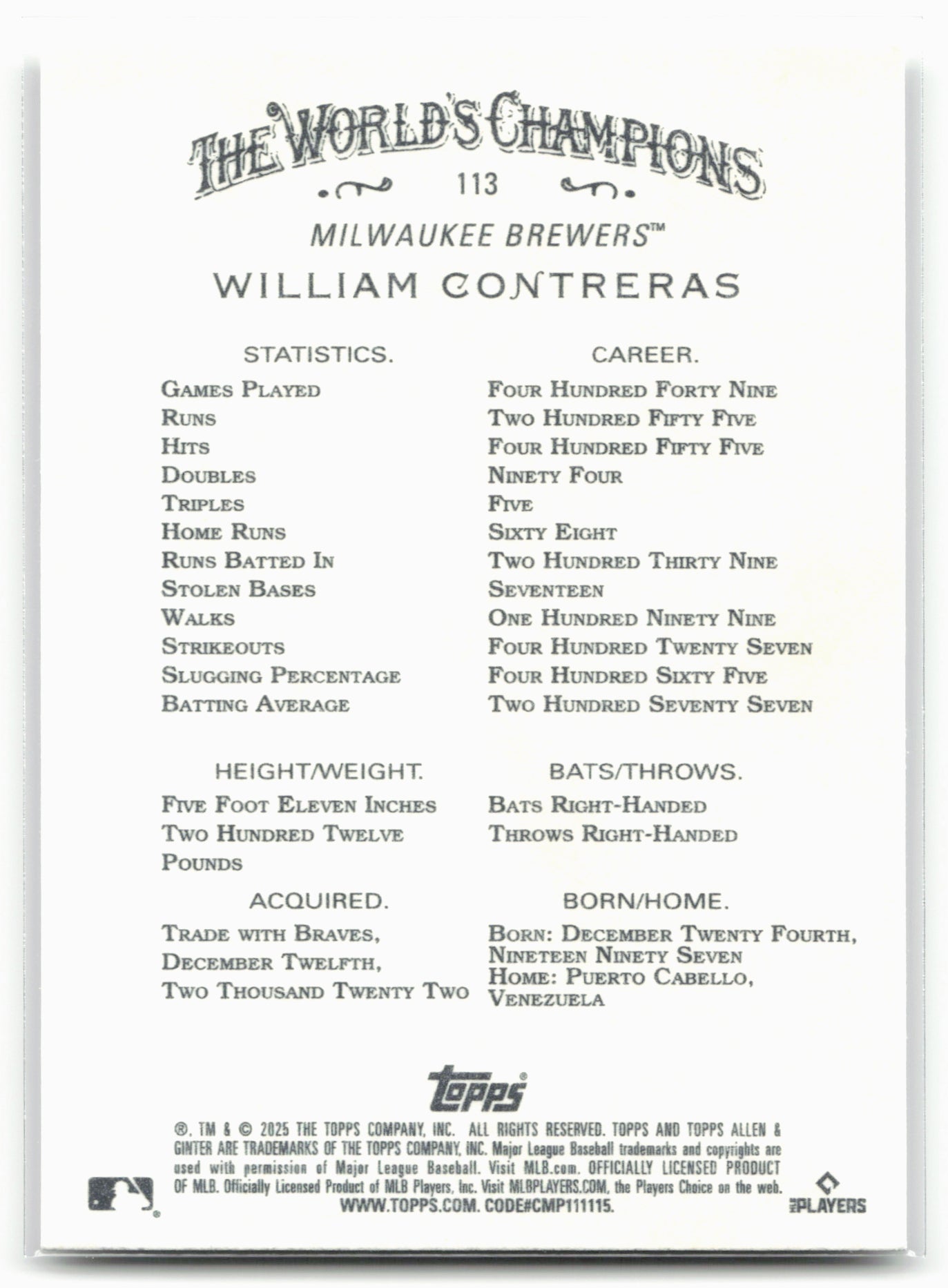 2025 Topps Allen & Ginter #113 William Contreras