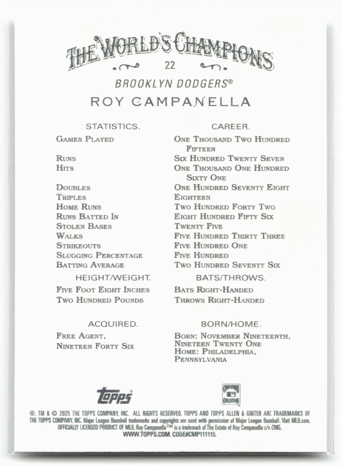 2025 Topps Allen & Ginter #22 Roy Campanella