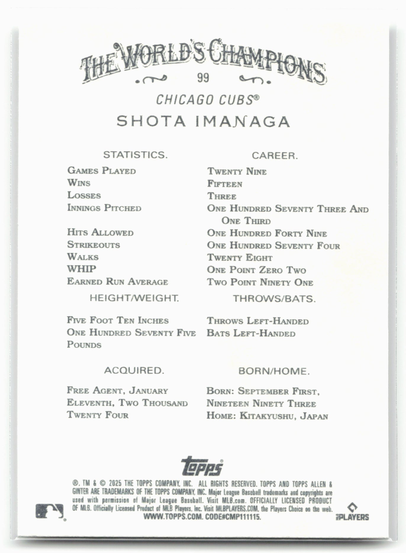 2025 Topps Allen & Ginter #99 Shota Imanaga