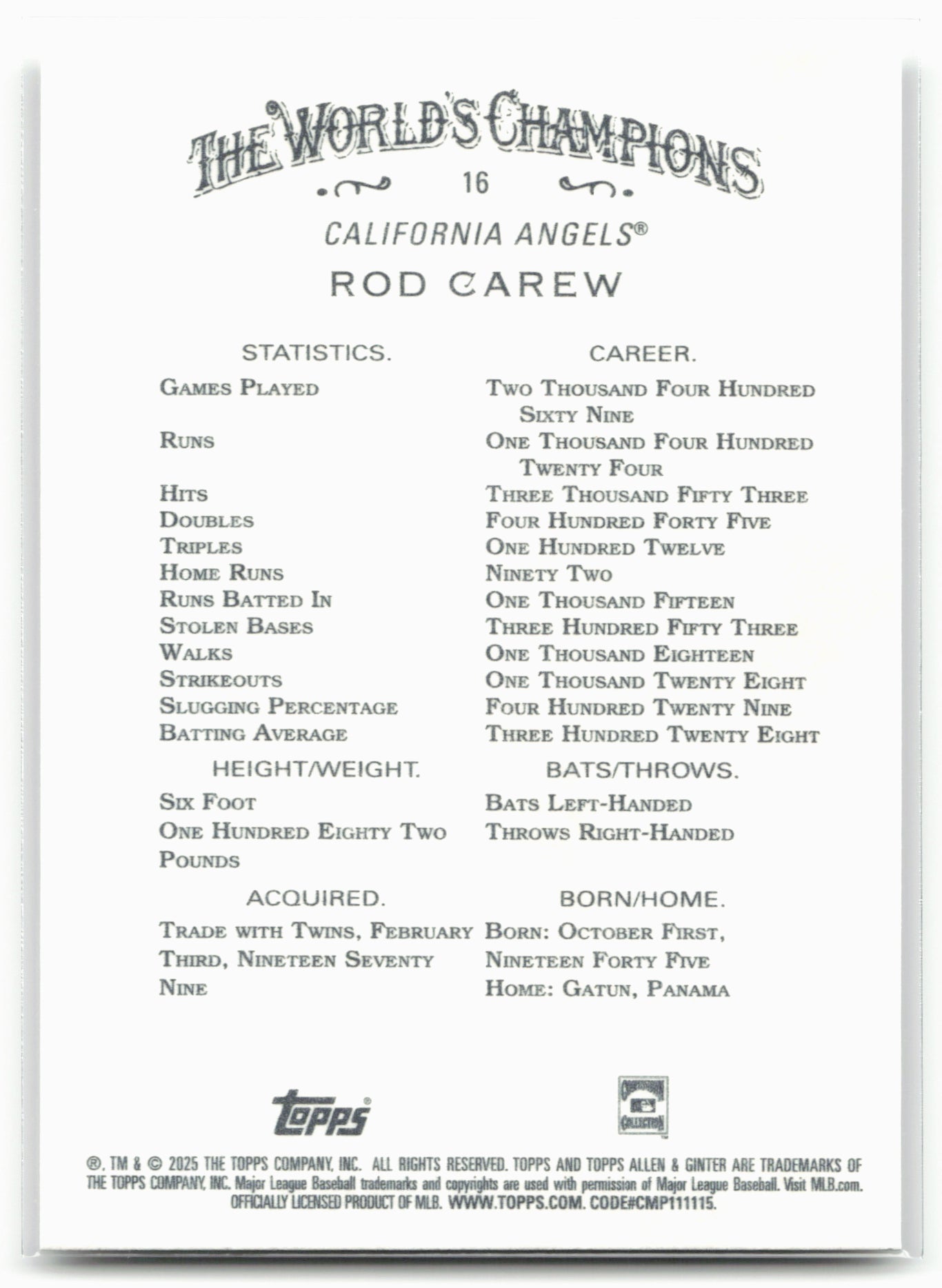 2025 Topps Allen & Ginter #16 Rod Carew