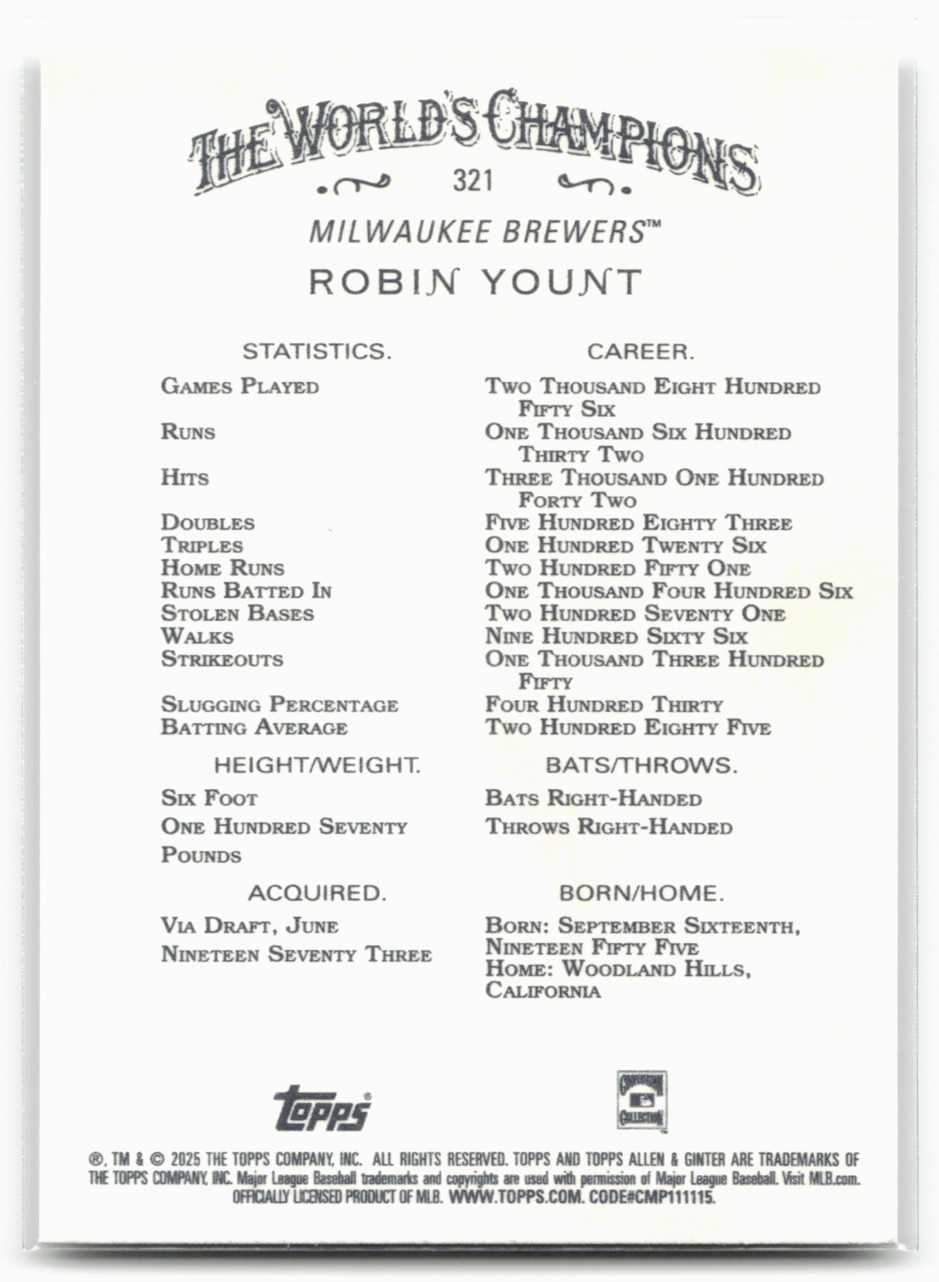 2025 Topps Allen & Ginter #321 Robin Yount