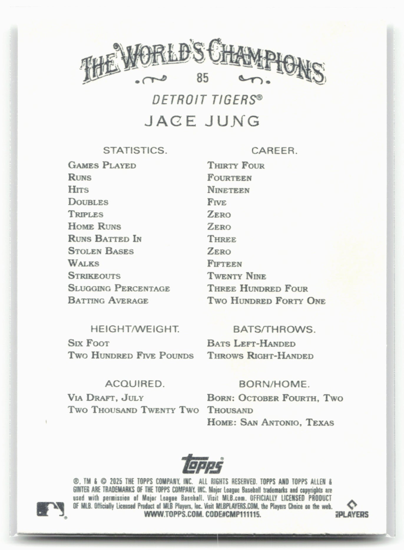 2025 Topps Allen & Ginter #85 Jace Jung
