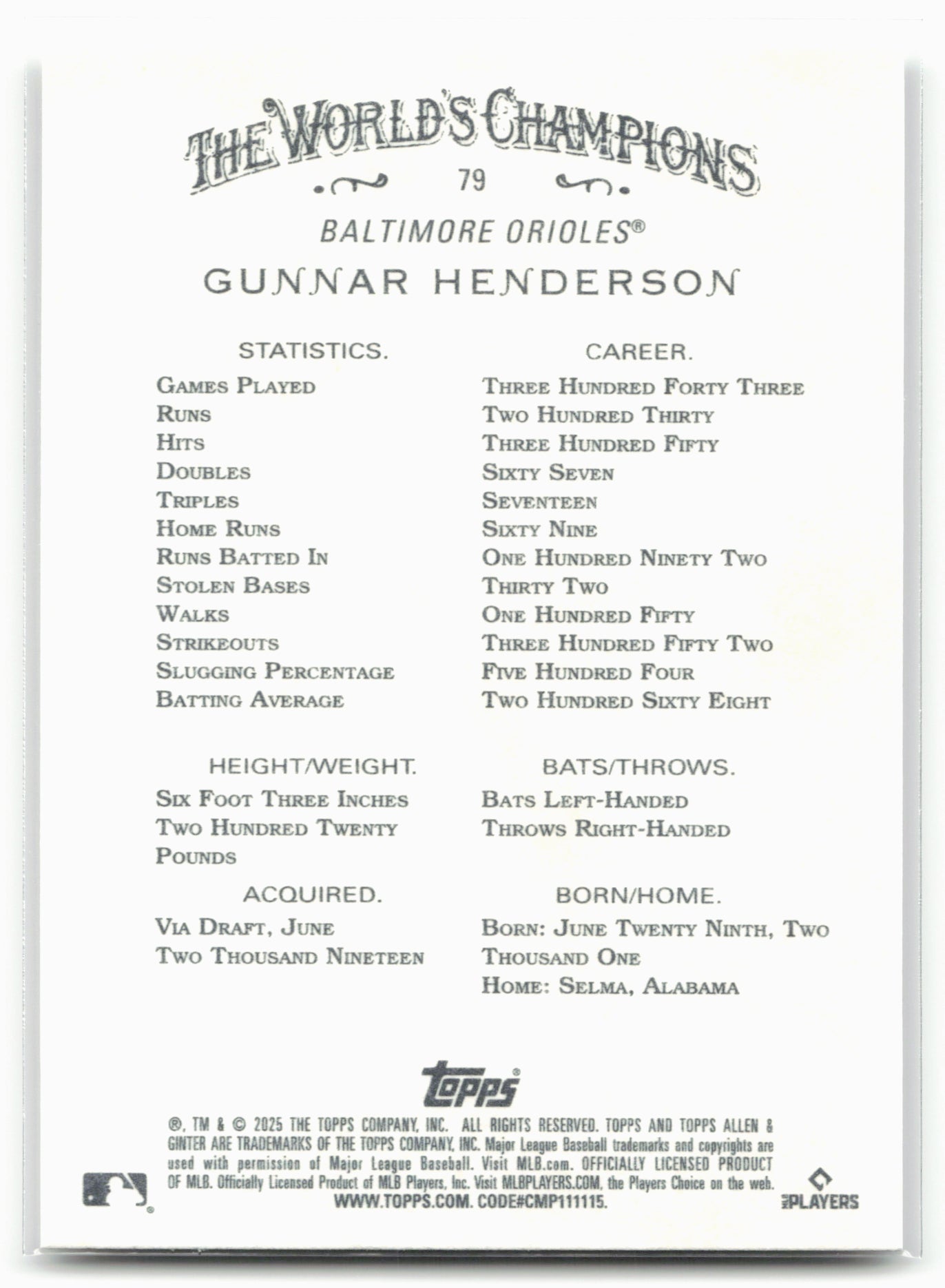 2025 Topps Allen & Ginter #79 Gunnar Henderson